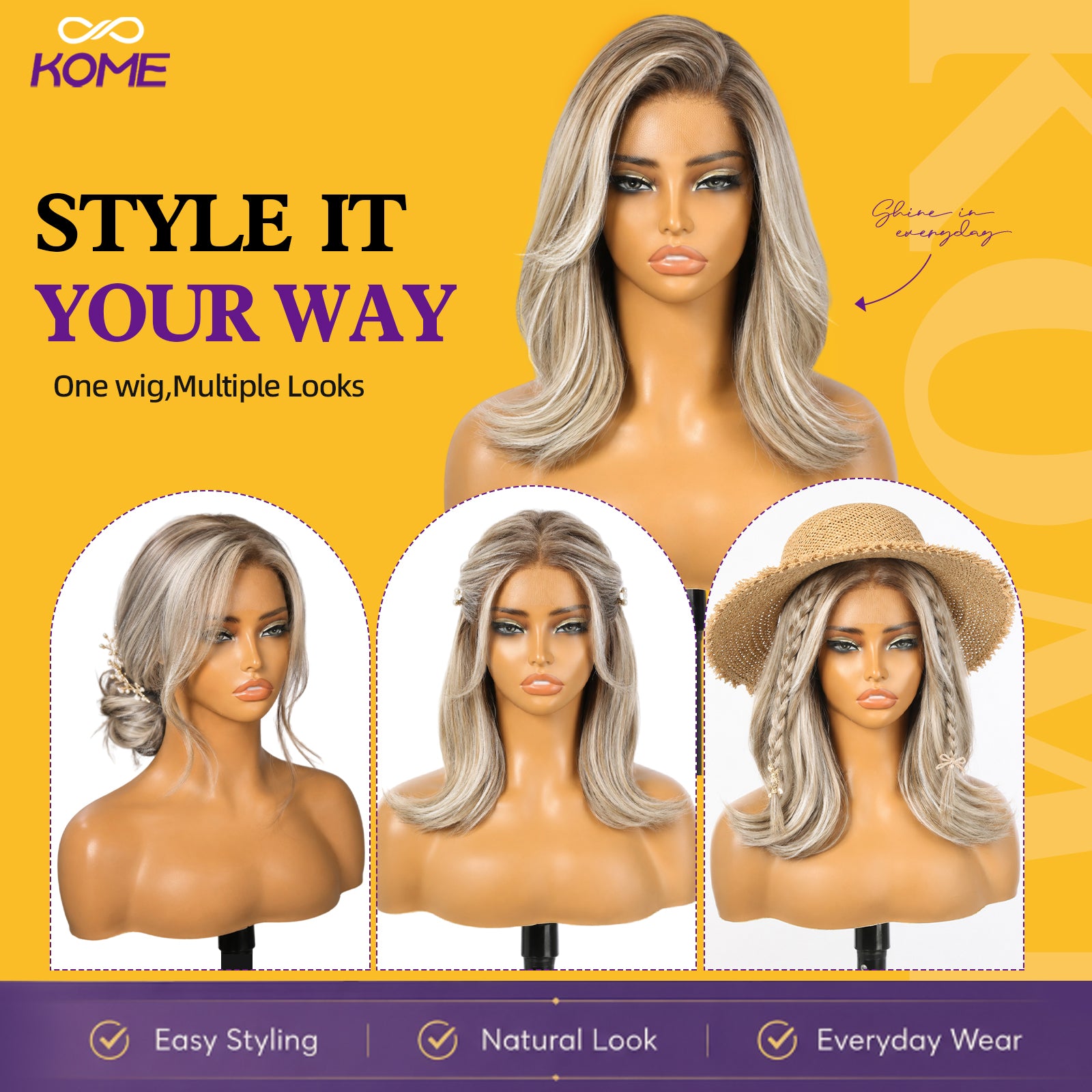 KOME Ash Blonde Highlight Bob 13×6 Synthetic Lace Front Wig for Women 14IN