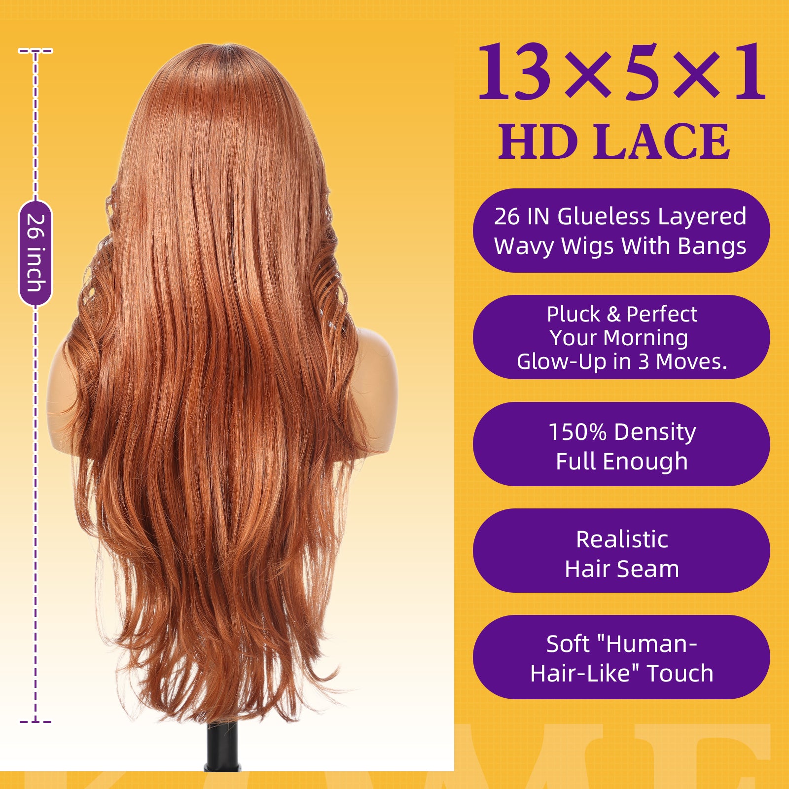 KOME Auburn Synthetic Lace Front Wig,T Part Glueless Layered Wavy Wigs With Bangs, Heat Resistant Wigs For Women Daily Party Use 26IN