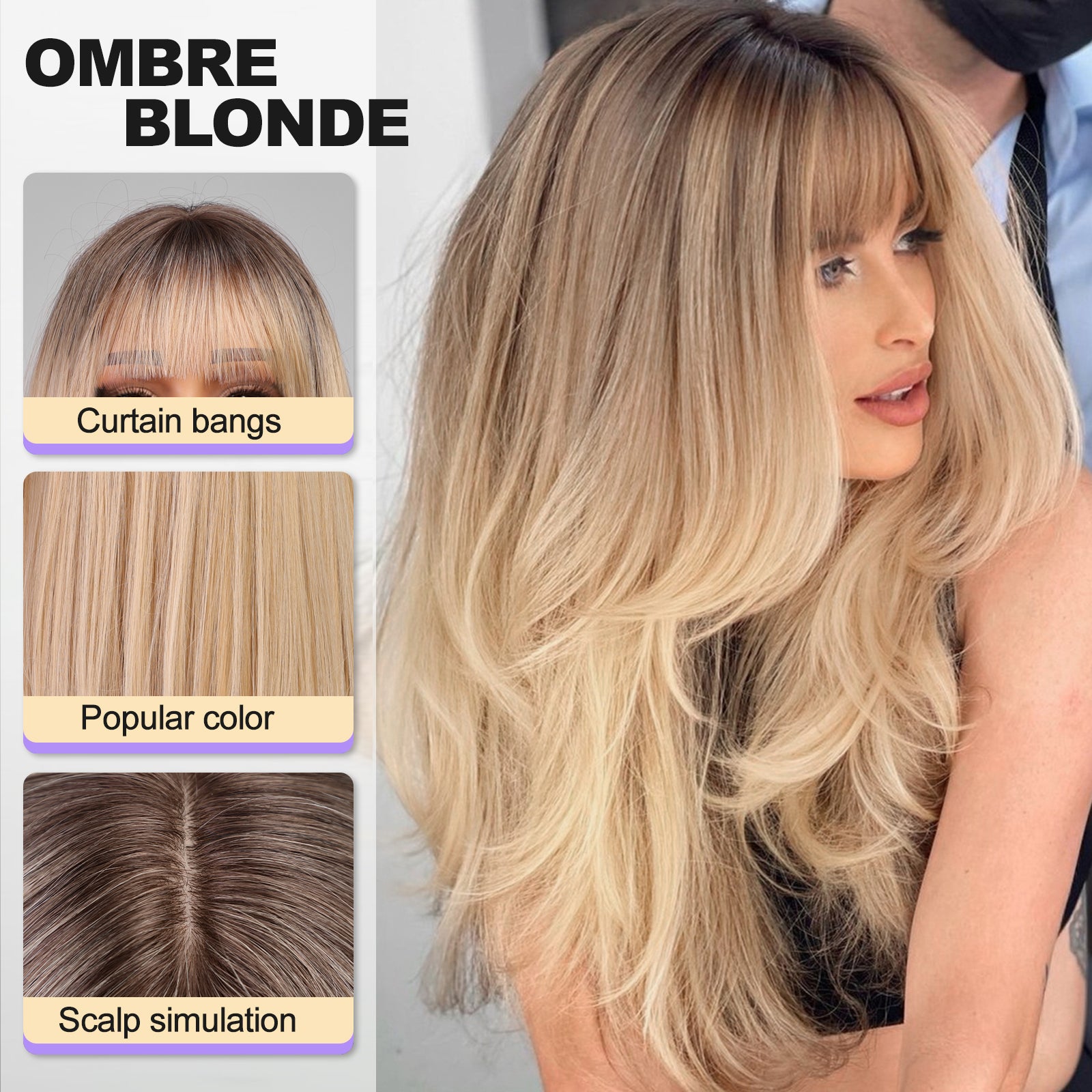 Ombre Blonde Long Layered Wig with Bangs,Straight Hair Wigs for Women,Synthetic Heat Resistant Natural Looking Hair Wig for Party Cosplay Dality Use