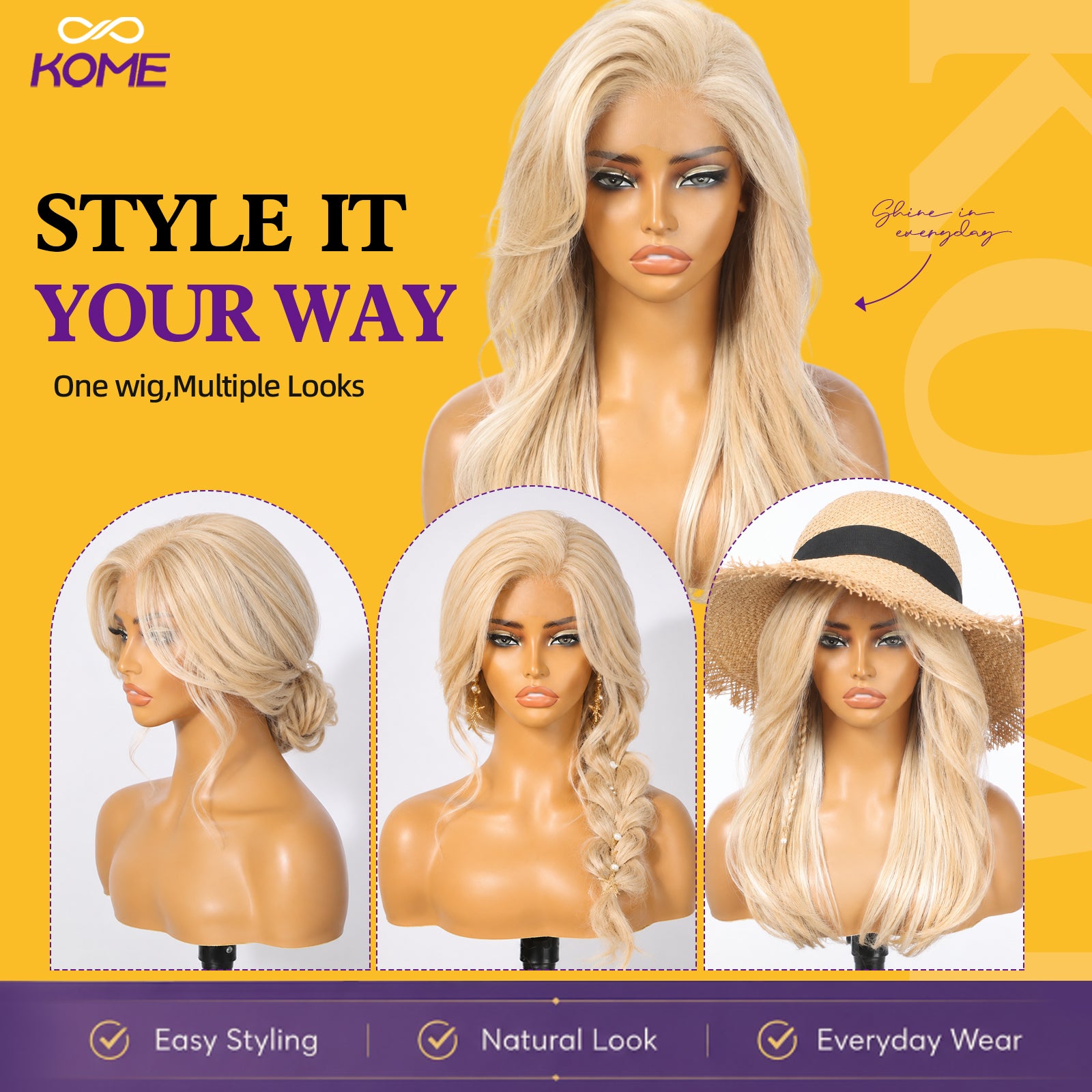 KOME Blonde Synthetic Lace Front Wig, 13X4 HD Lace Glueless Long Layered Straight Wigs for Women Daily Use 20IN （#K16B88）