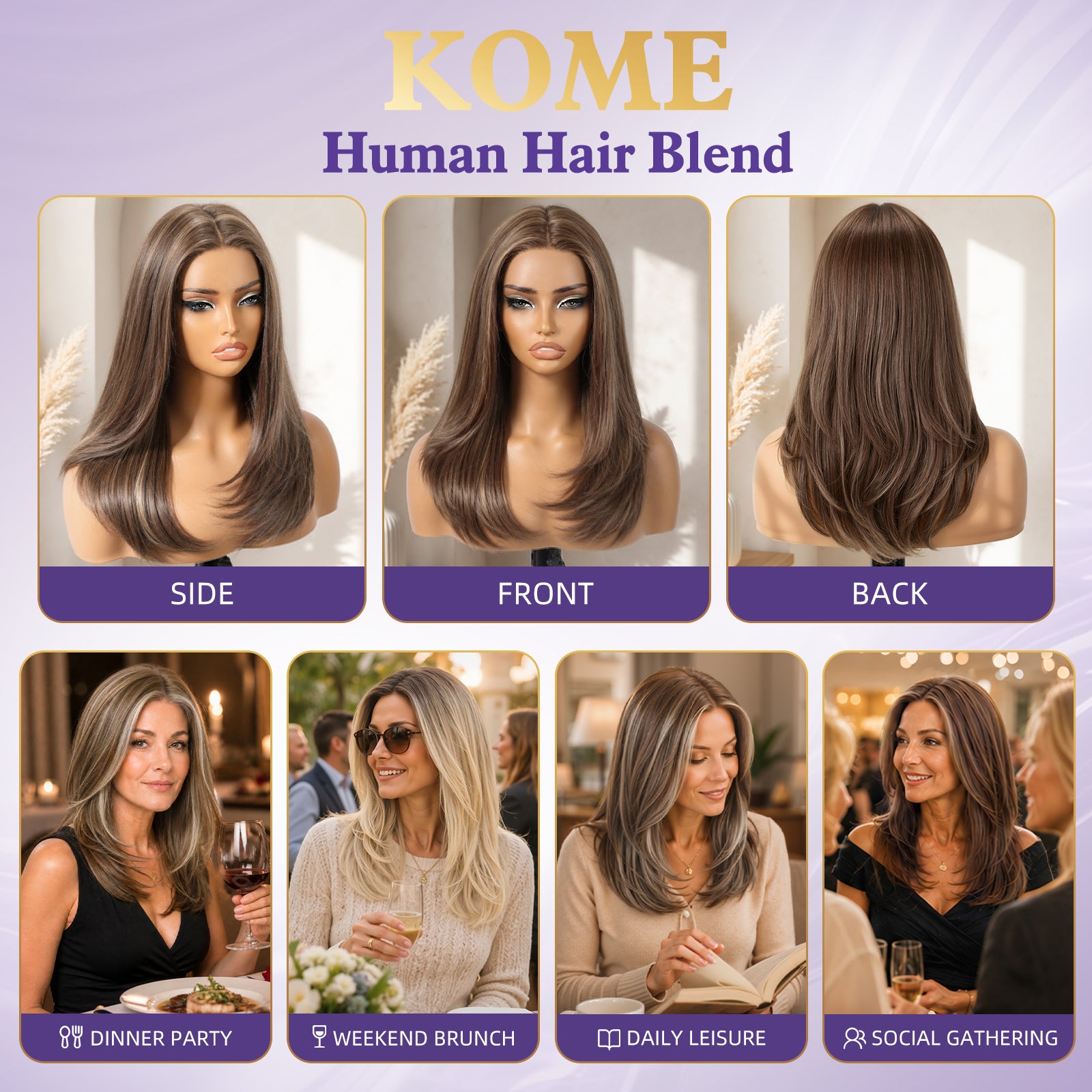 KOME Brown Human Hair Wig Blend,Brown Lace Front Wig, T Part Glueless Wigs for Women Daily Use 18IN（#F43/12）