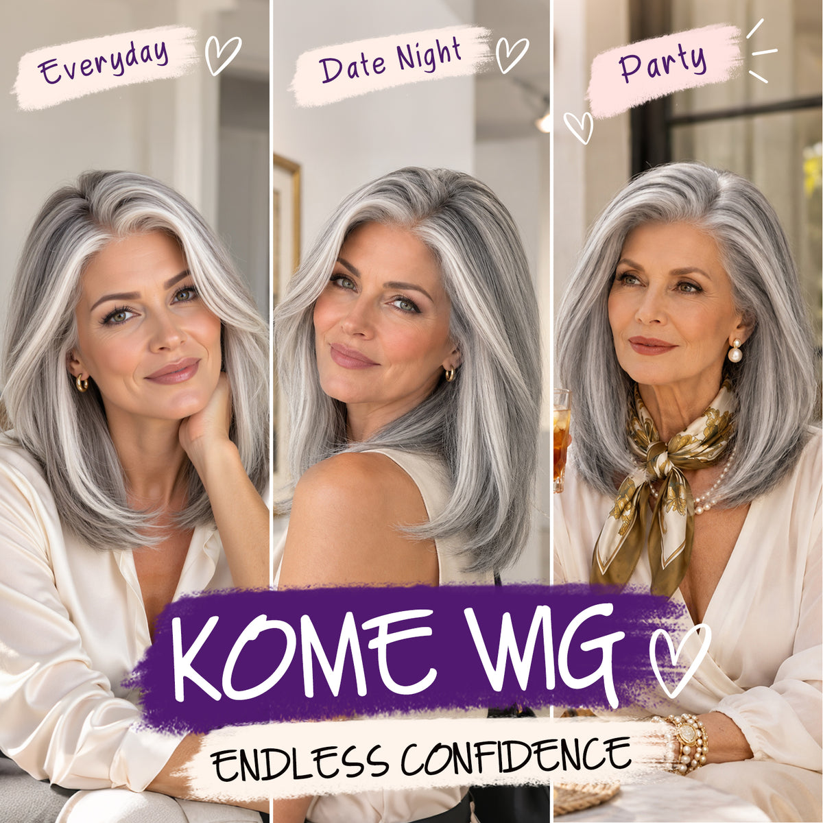 KOME Grey Layered Straight 13x6 Synthetic Lace Front Wig for Women 16IN