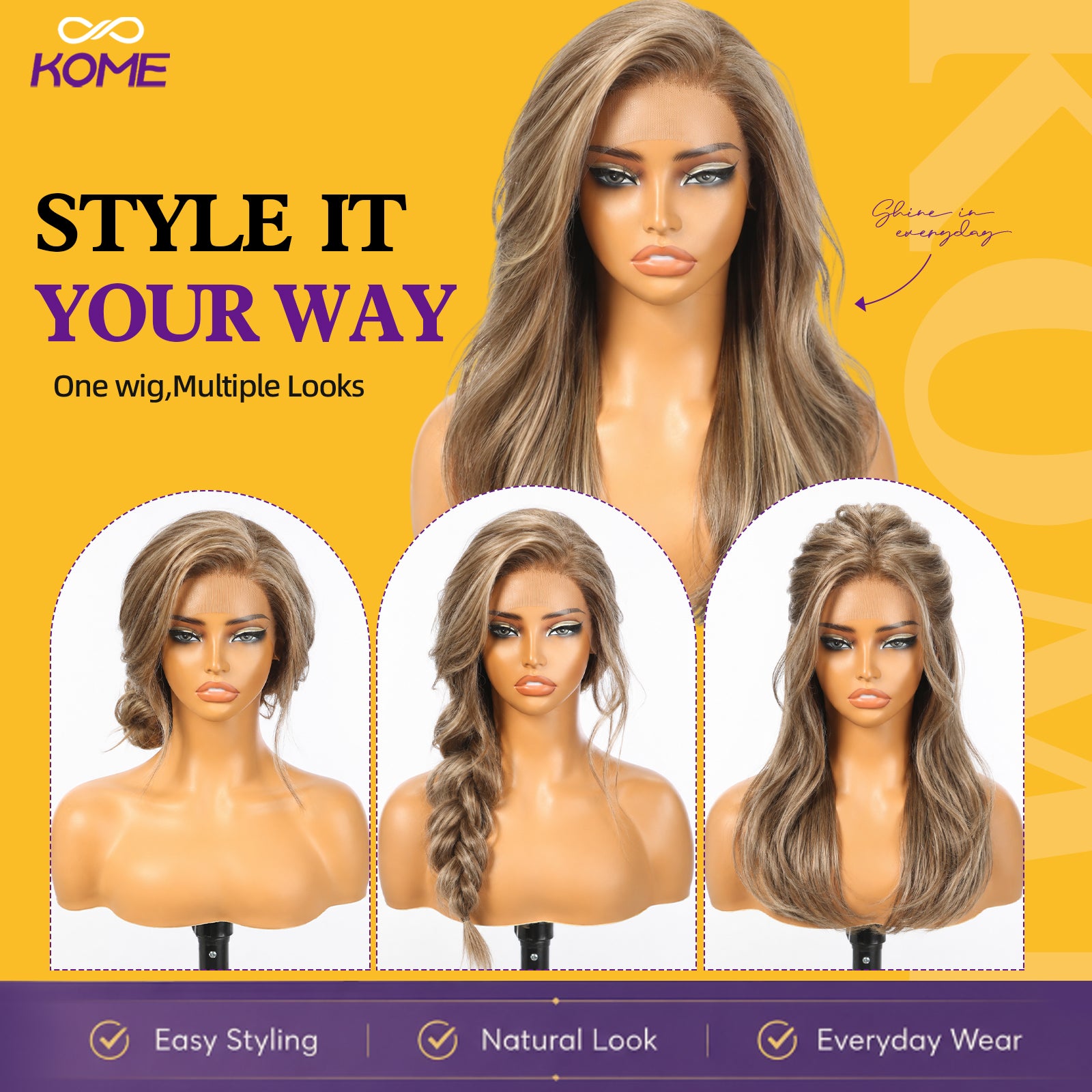 KOME Ash Brown Synthetic Lace Front Wig, 13X4 HD Lace Glueless Long Layered Straight Wigs for Women Daily Use 20IN （#F8/27/88）