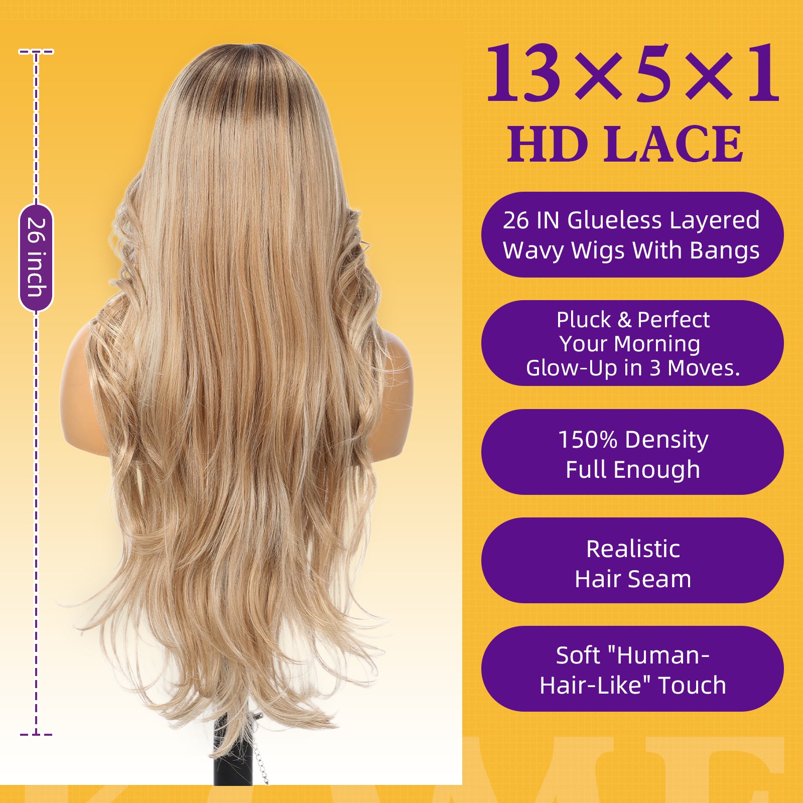 KOME Dirty Blonde Synthetic Lace Front Wig,T Part Glueless Layered Wavy Wigs With Bangs, Heat Resistant Wigs For Women Daily Party Use 26IN