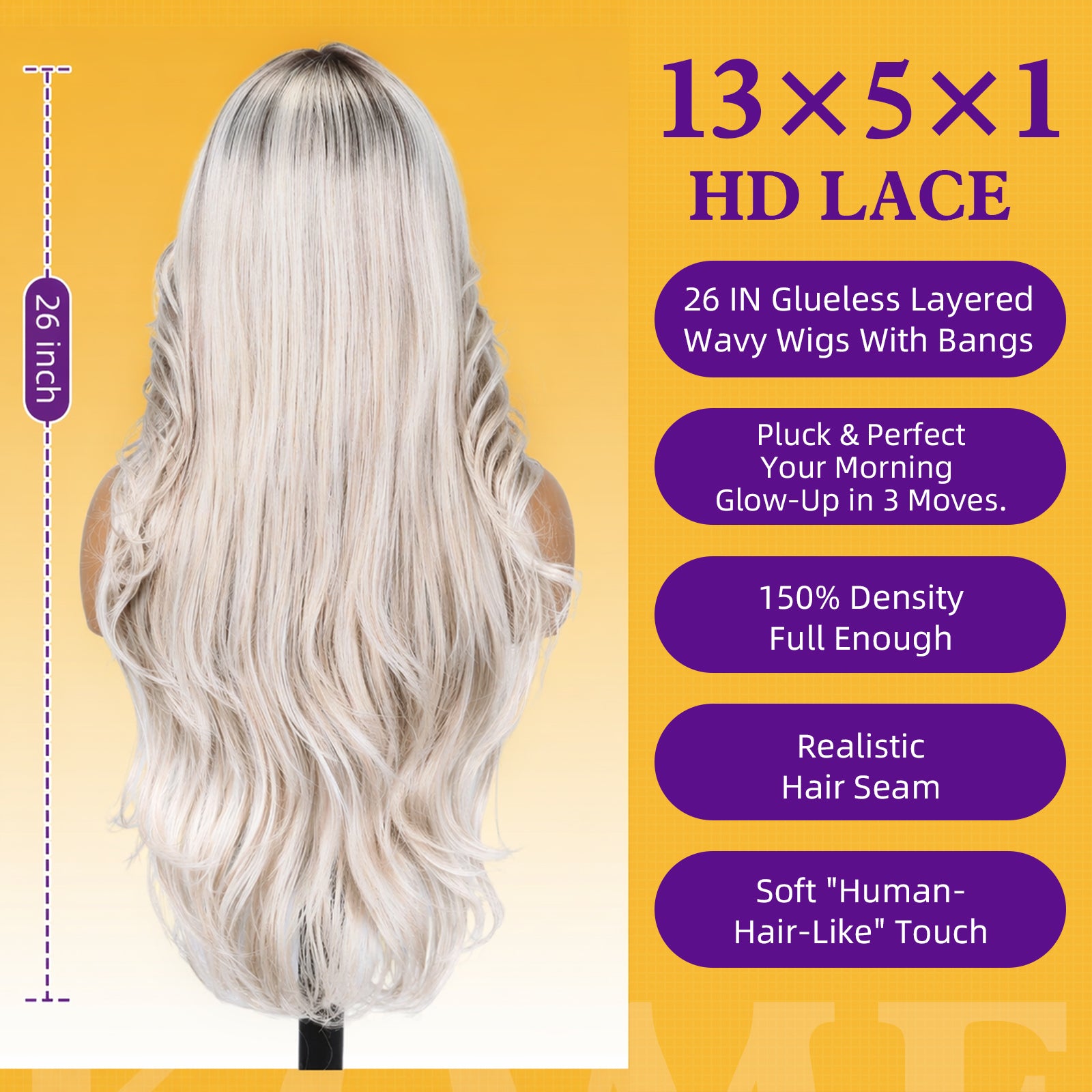 KOME Platinum Blonde Synthetic Lace Front Wig,T Part Glueless Layered Wavy Wigs With Bangs, Heat Resistant Wigs For Women Daily Party Use 26IN