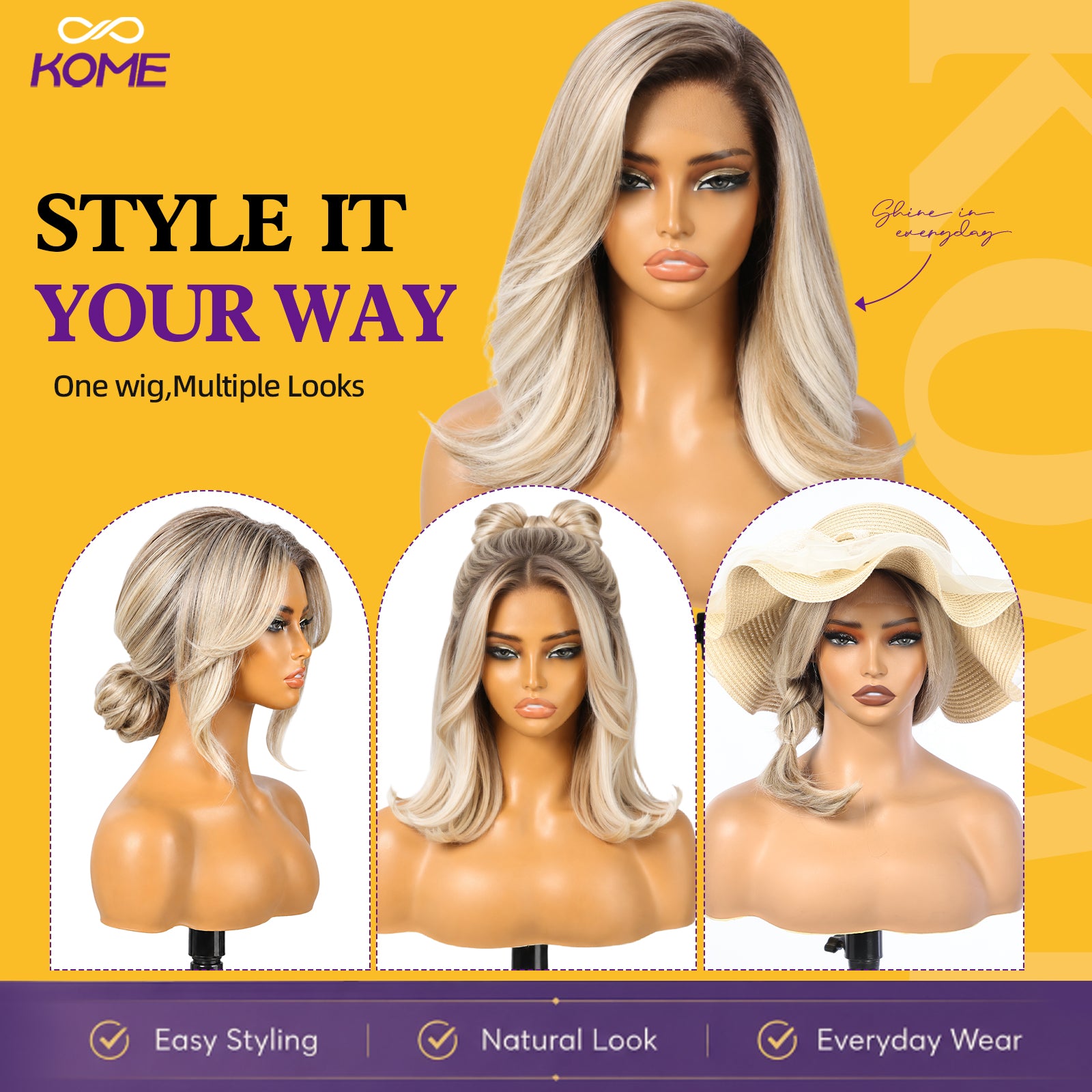 KOME Ombre Blonde Highlight Bob 13×6 Synthetic Lace Front Wig 14IN