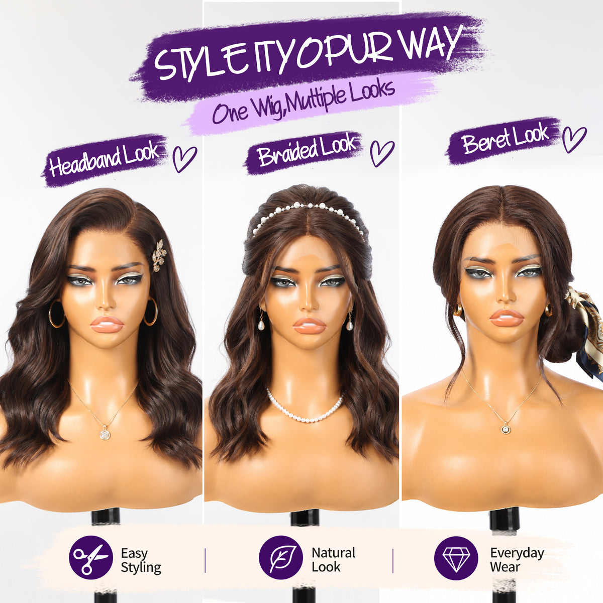 KOME Brown 13X4 Synthetic Lace Front Wigs for Women Daily Use 14IN