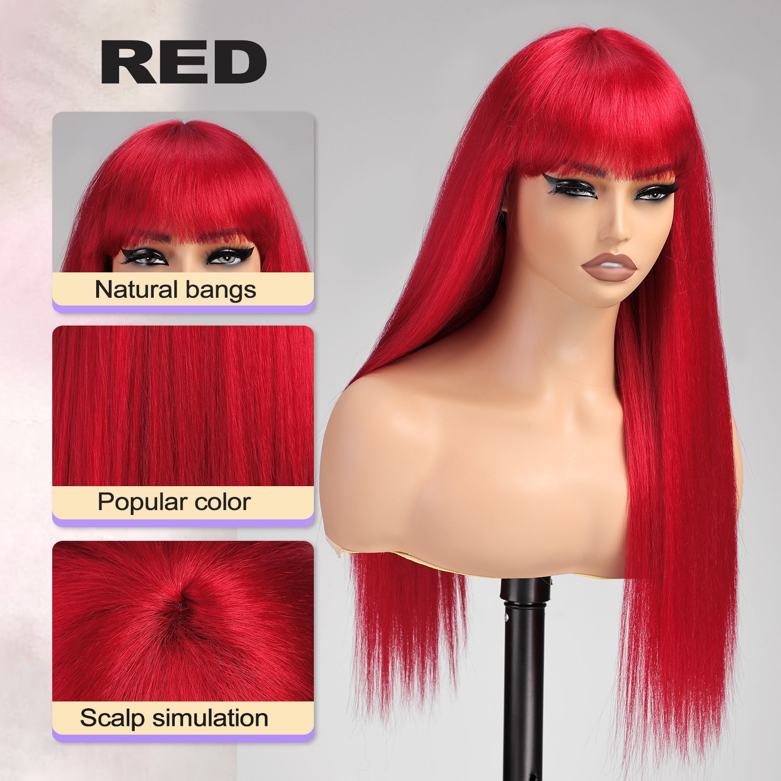 KOME Red Wigs for Women,Yaki Straight Glueless Synthetic Long Silk Natural Wig with Bangs Heat Resistant Fiber 26IN