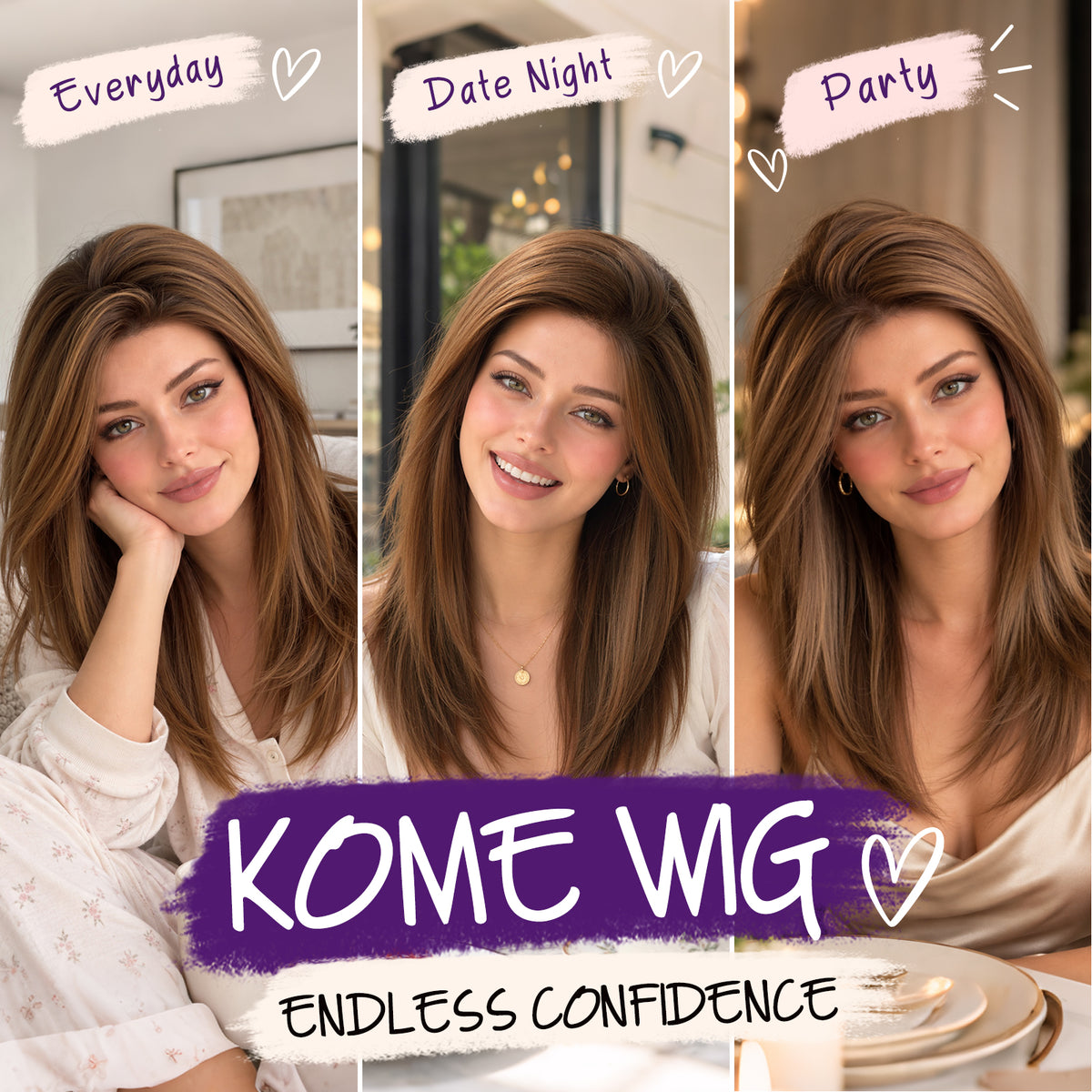 KOME Brown Layered Straight 13x6 Synthetic Lace Front Wig for Women 16IN