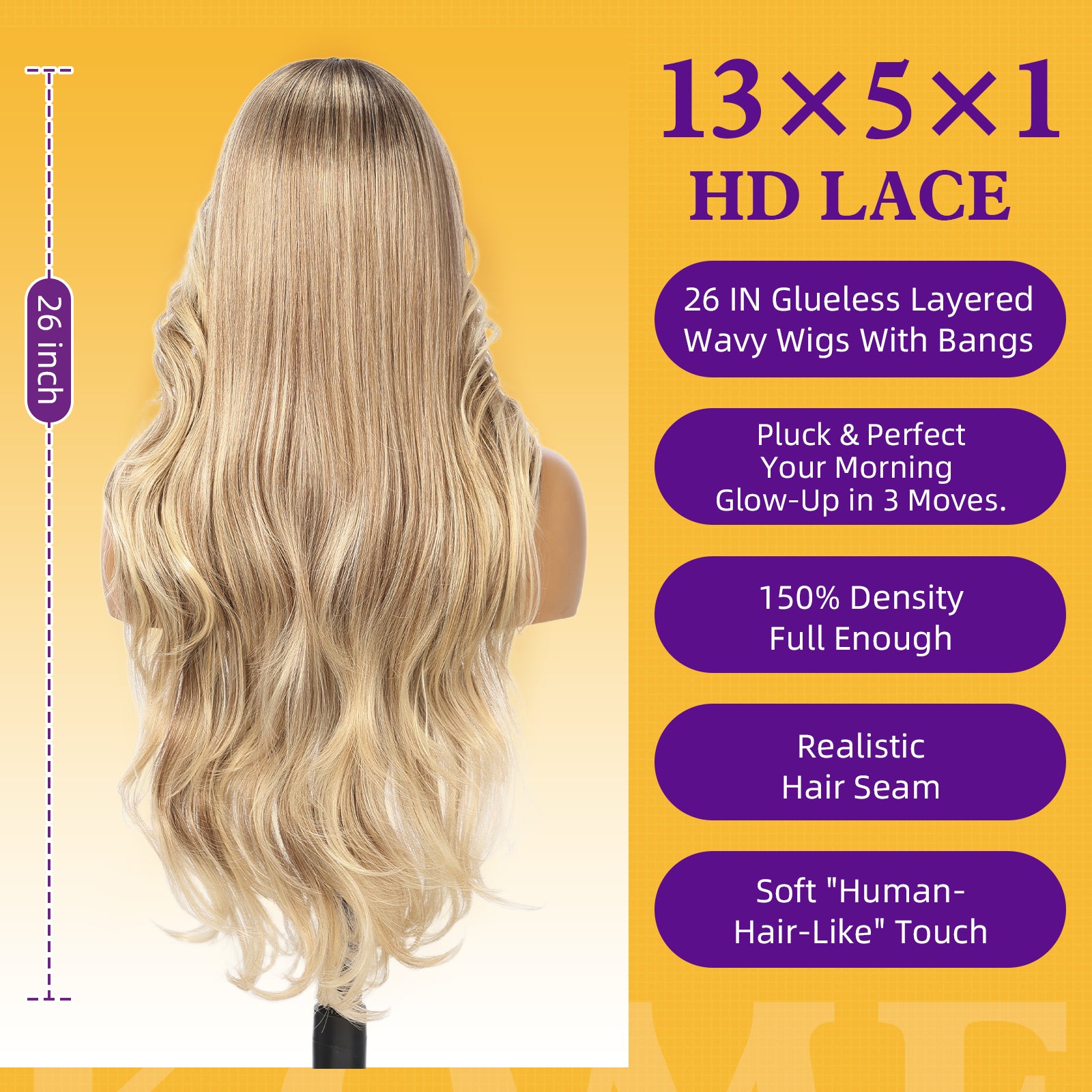 KOME Ombre Blonde Synthetic Lace Front Wig, T Part Glueless Layered Wavy Wigs With Bangs, Heat Resistant Wigs For Women Daily Party Use 26IN
