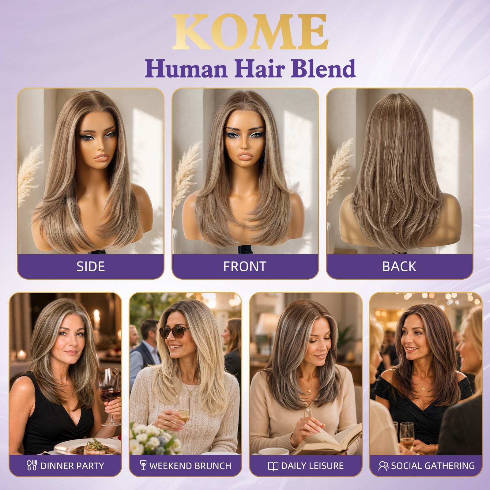 KOME Brown Highlight Human Hair Wig Blend,Brown Highlight Lace Front Wig, T Part Glueless Wigs for Women Daily Use 18IN（#TT6/1665）