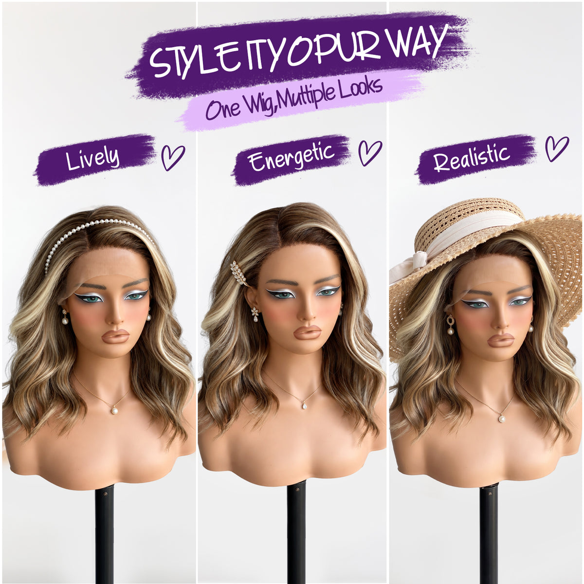 KOME Brown Highlight Synthetic Lace Front Wig,Shoulder Length Short Glueless Bob Wig,T Part Curly Lace Wigs for Women Daily Use 16IN