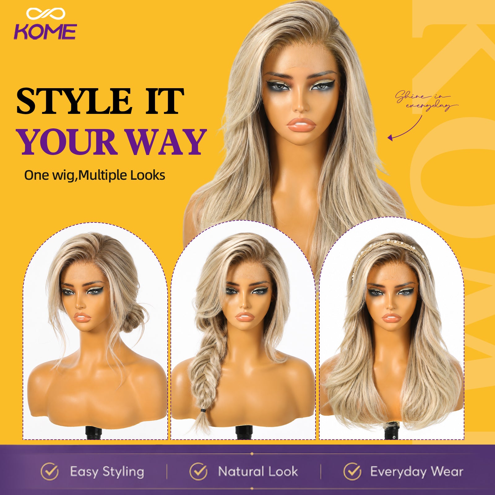 KOME Ash Blonde Synthetic Lace Front Wig, 13X4 HD Lace Glueless Long Layered Straight Wigs for Women Daily Use 20IN （#TT9/603TA ）