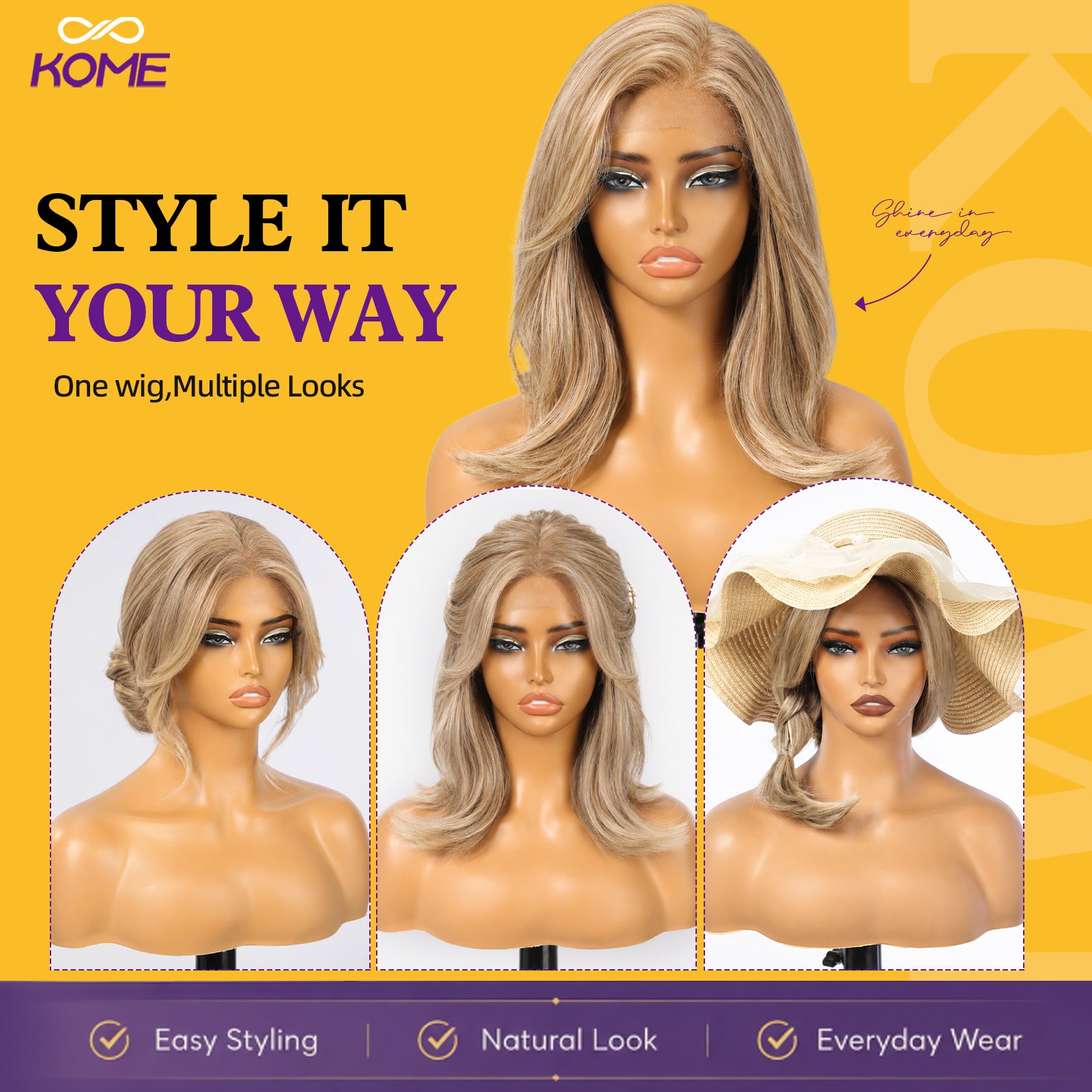 KOME Blonde Highlight Bob 13×6 Synthetic Lace Front Wig for Women 14IN