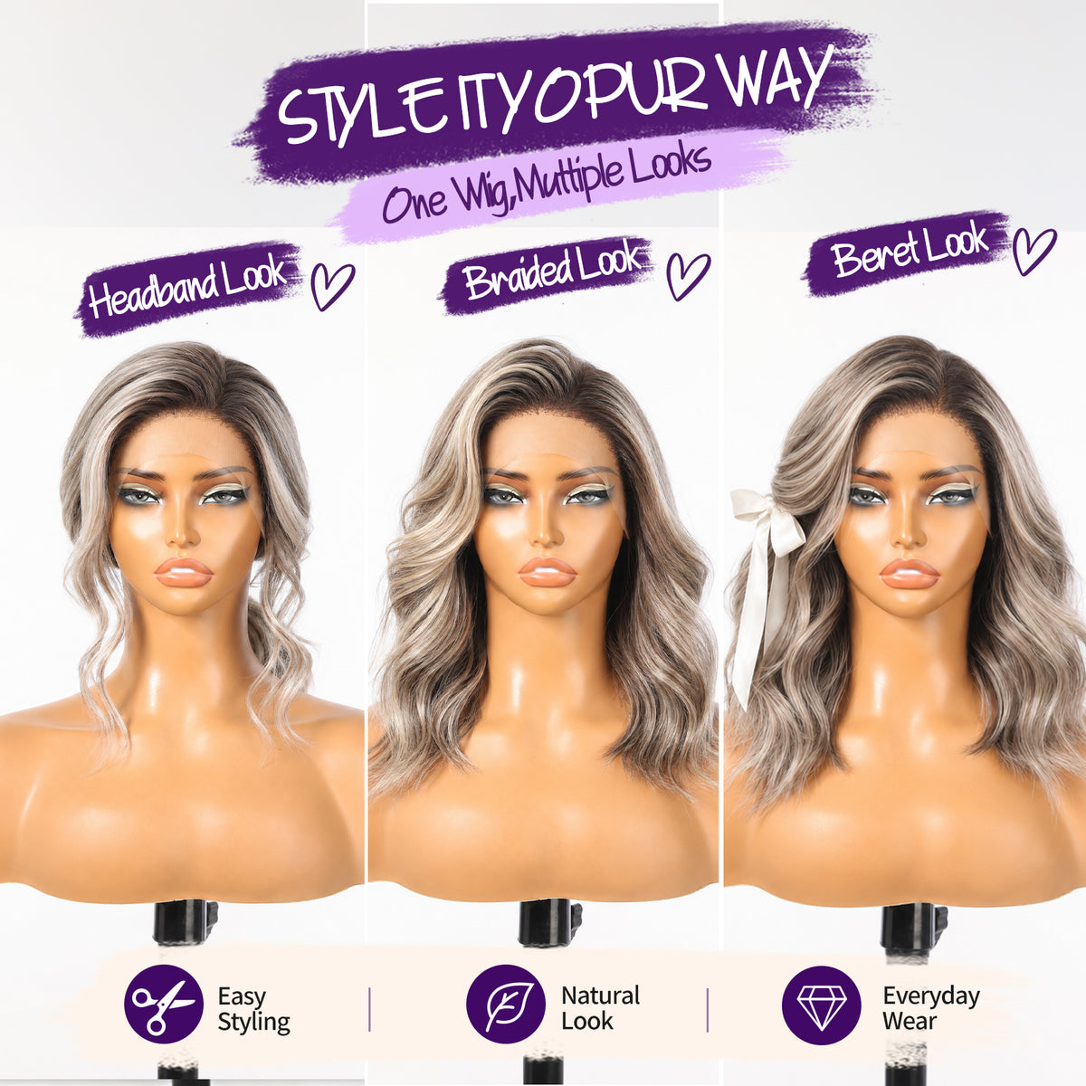 KOME Ash Brown 13X4 Synthetic Lace Front Wigs for Women Daily Use 14IN