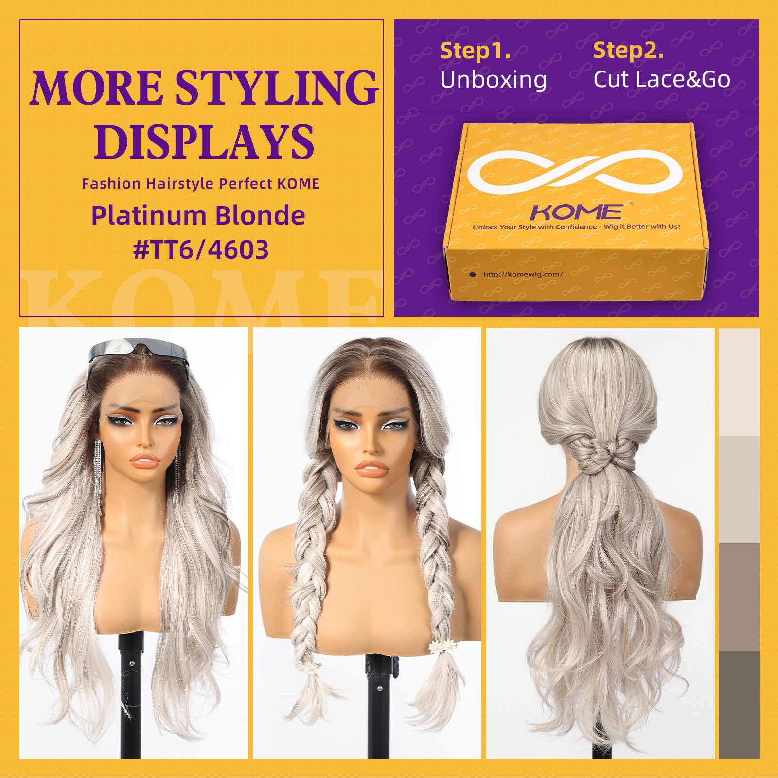 KOME Platinum Blonde Highlight Synthetic Lace Front Wig,13x4 HD Lace Light Grey Glueless Layered Bouncy Blowouts Wigs for Women Daily Use 26IN（#TT6/4603）