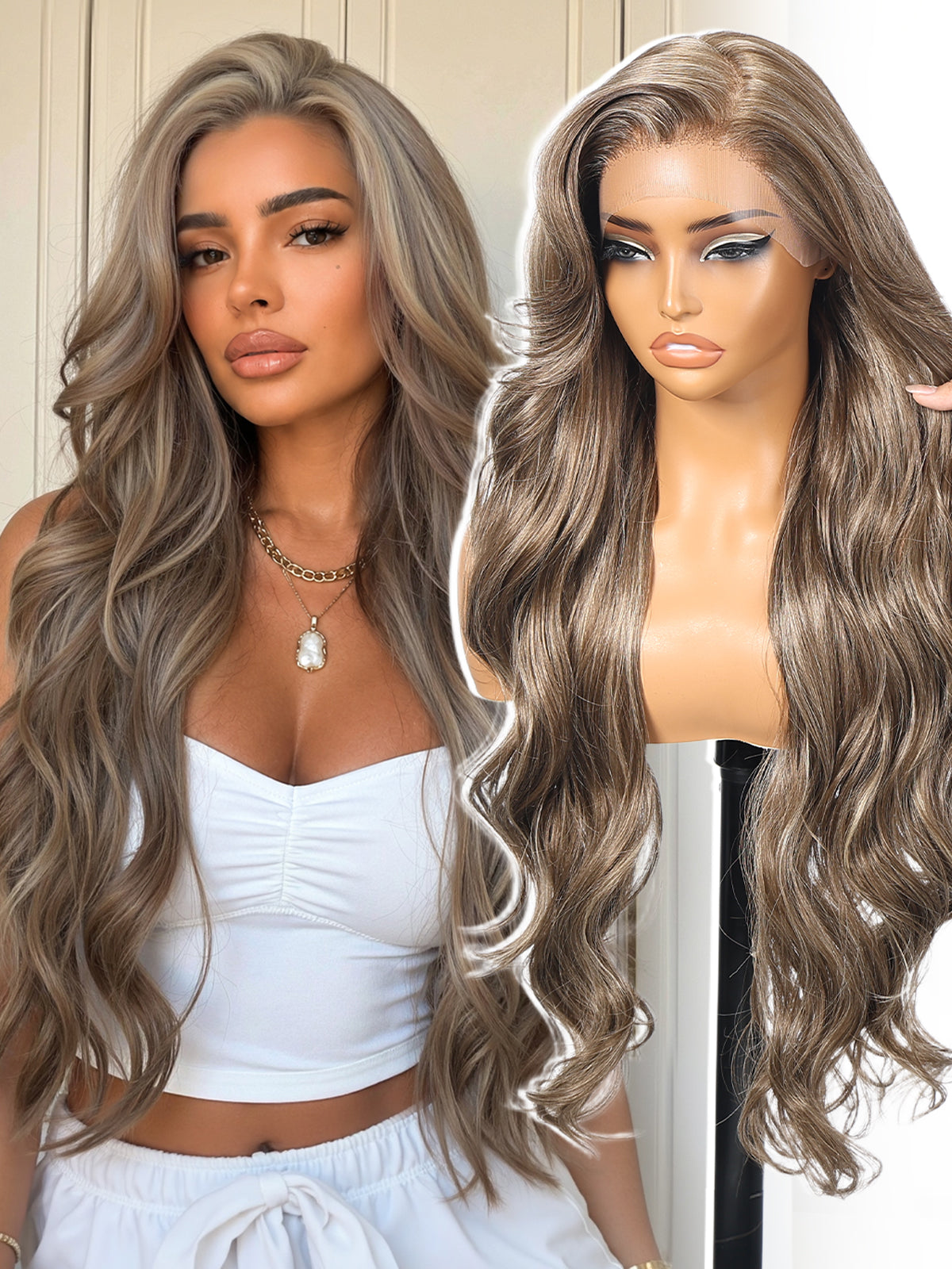 KOME Ash Brown Synthetic Lace Front Wig,13x4 HD Lace Glueless Long Body Wavy Curly Wigs for Women Daily Party Use 30IN(#TT6/1603)