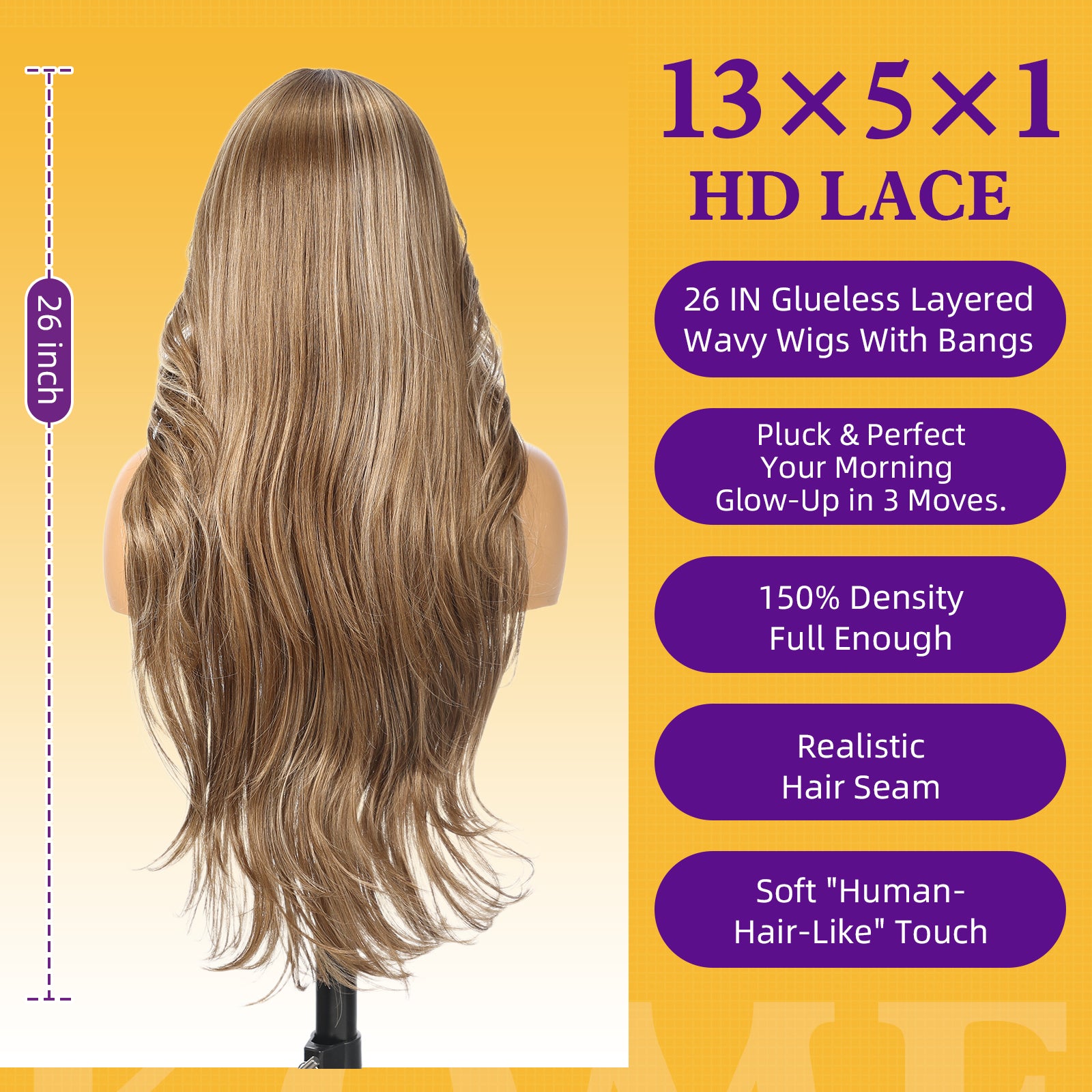 KOME Ash Brown Highlight Synthetic Lace Front Wig,T Part Glueless Layered Wavy Wigs With Bangs, Heat Resistant Wigs For Women Daily Party Use 26IN