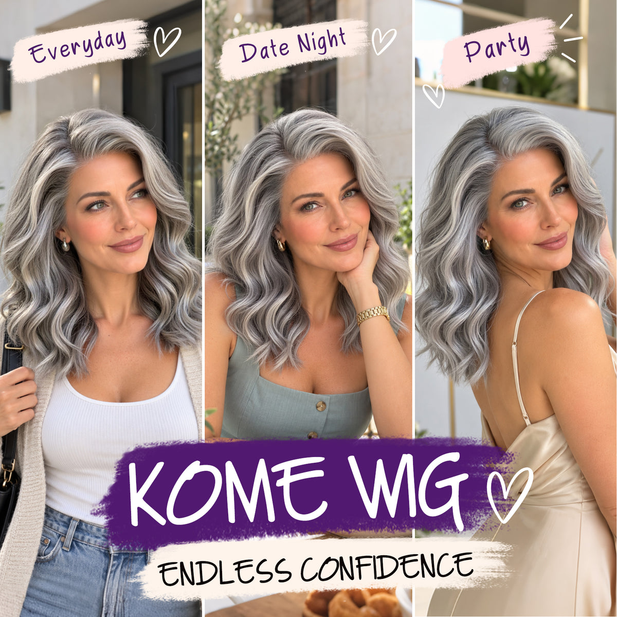 KOME Grey Synthetic Lace Front Wig,Shoulder Length Short Glueless Bob Wig,T Part Curly Lace Wigs for Women Daily Use 16IN (#261HL)