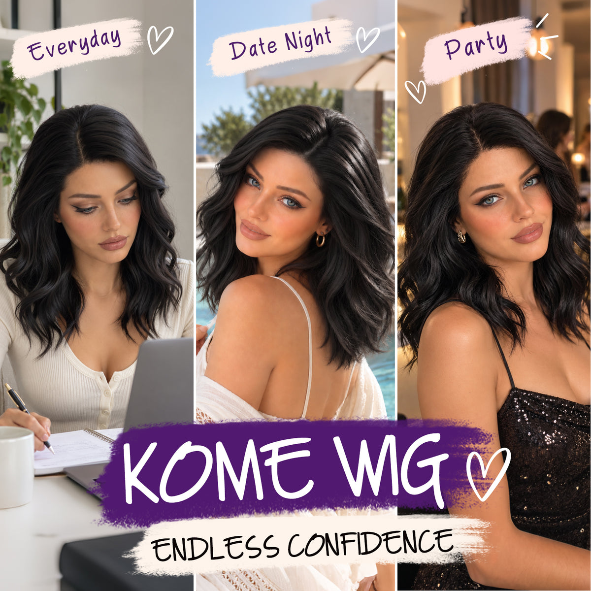 KOME Black Synthetic Lace Front Wig,Shoulder Length Short Glueless Bob Wig,T Part Curly Lace Wigs for Women Daily Use 16IN (1B)