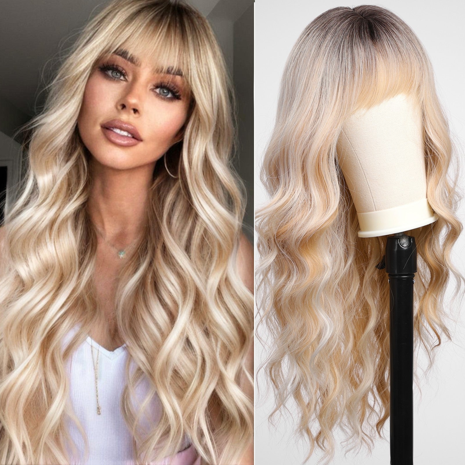 Ombre Blonde Wigs with Bangs,Long Curly Wig for Women,Blonde Long Wavy Wig Synthetic Hair Wig for Party Cosplay Daily Use 26IN