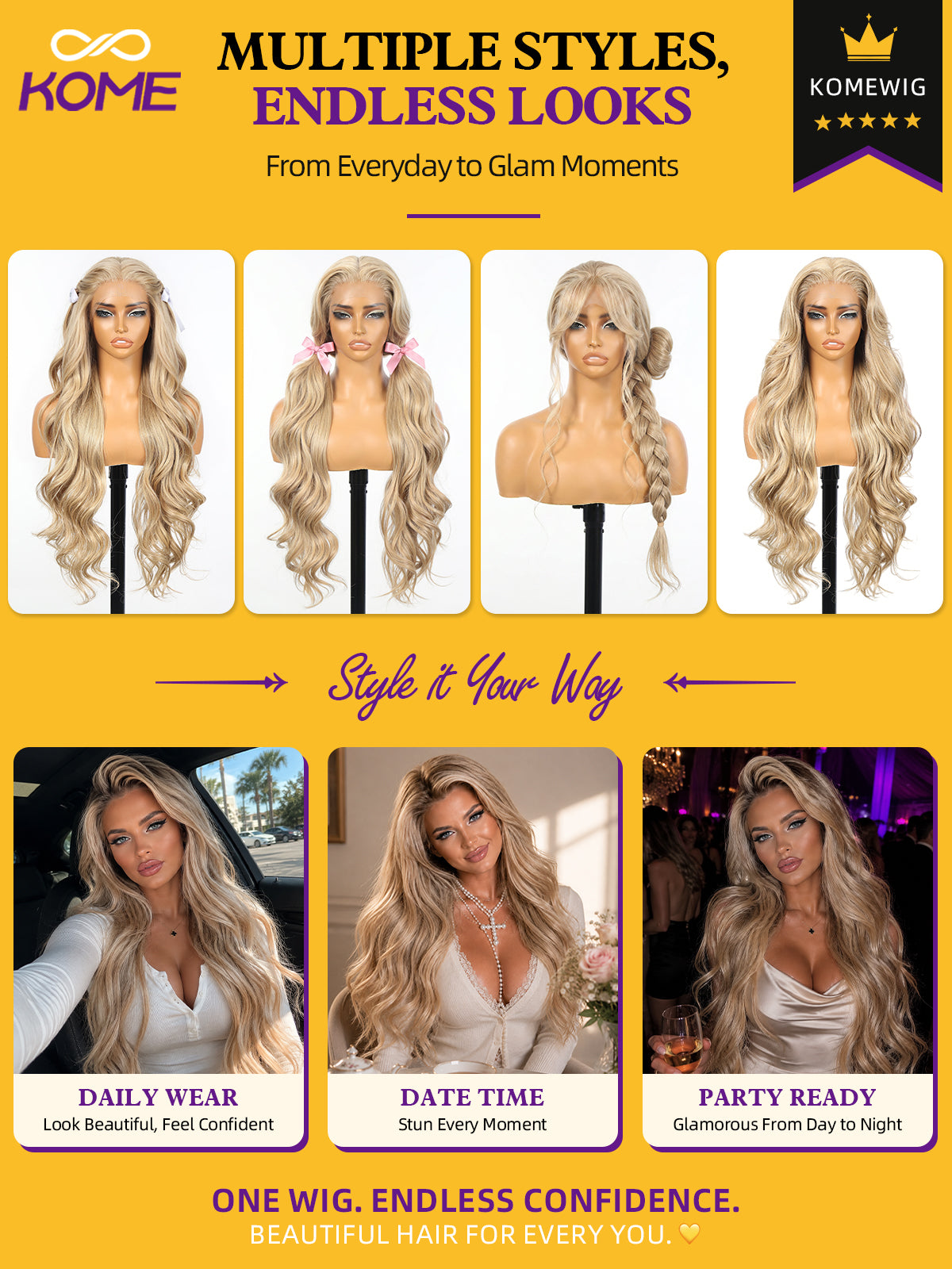 KOME Blonde Highlight Synthetic Lace Front Wig,13x4 HD Lace Glueless Long Body Wave Curly Wigs for Women Daily Party Use 30IN(#1413HL)