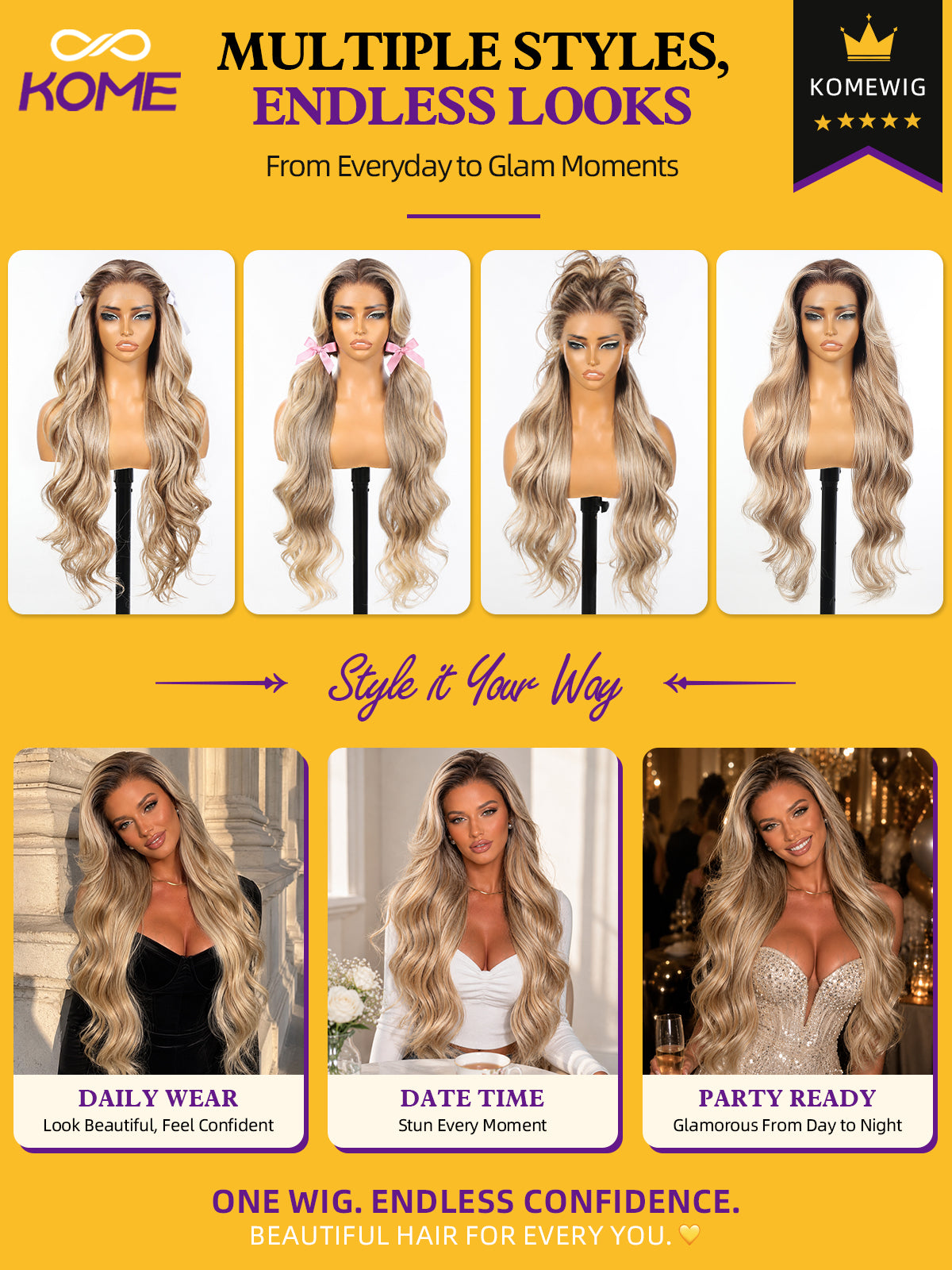 KOME Ombre Blonde Synthetic Lace Front Wig,13x4 HD Lace Glueless Long Body Wavy Curly Wigs for Women Daily Party Use 30IN(#K16B88)