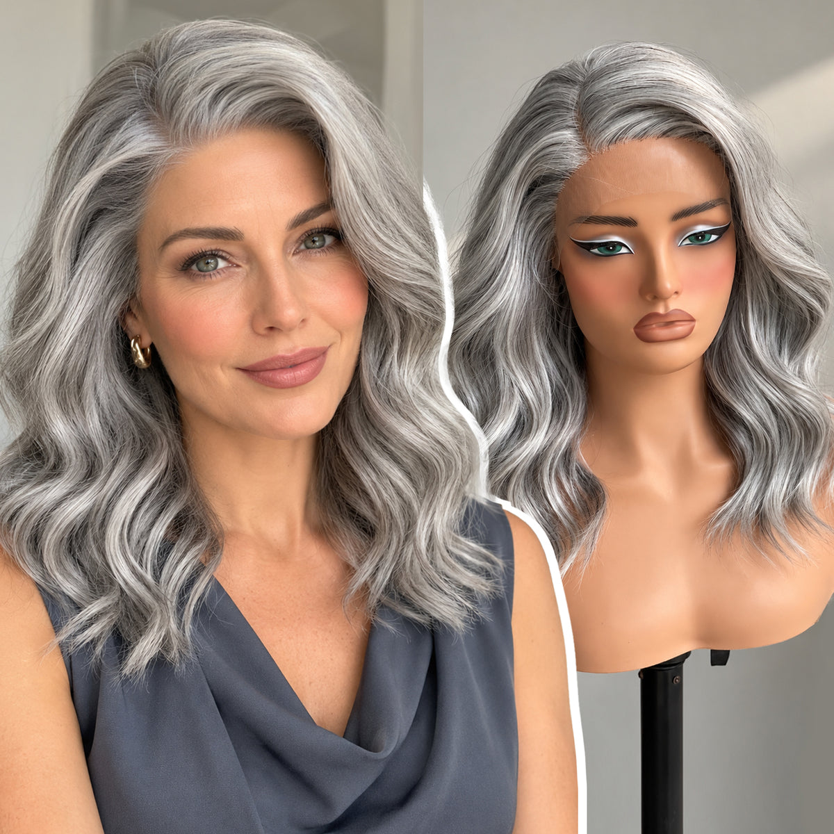 KOME Grey Synthetic Lace Front Wig,Shoulder Length Short Glueless Bob Wig,T Part Curly Lace Wigs for Women Daily Use 16IN (#261HL)