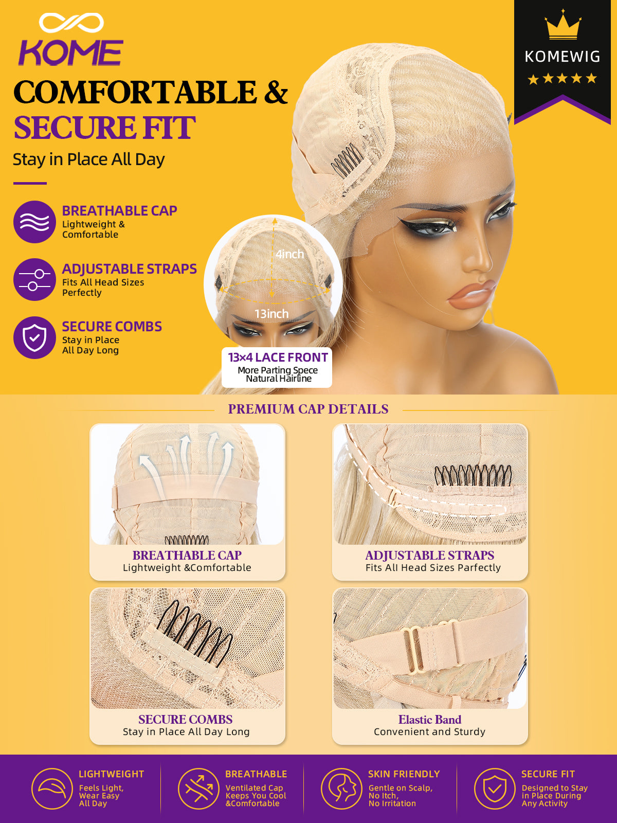 KOME Blonde Highlight Synthetic Lace Front Wig,13x4 HD Lace Glueless Long Body Wave Curly Wigs for Women Daily Party Use 30IN(#1413HL)