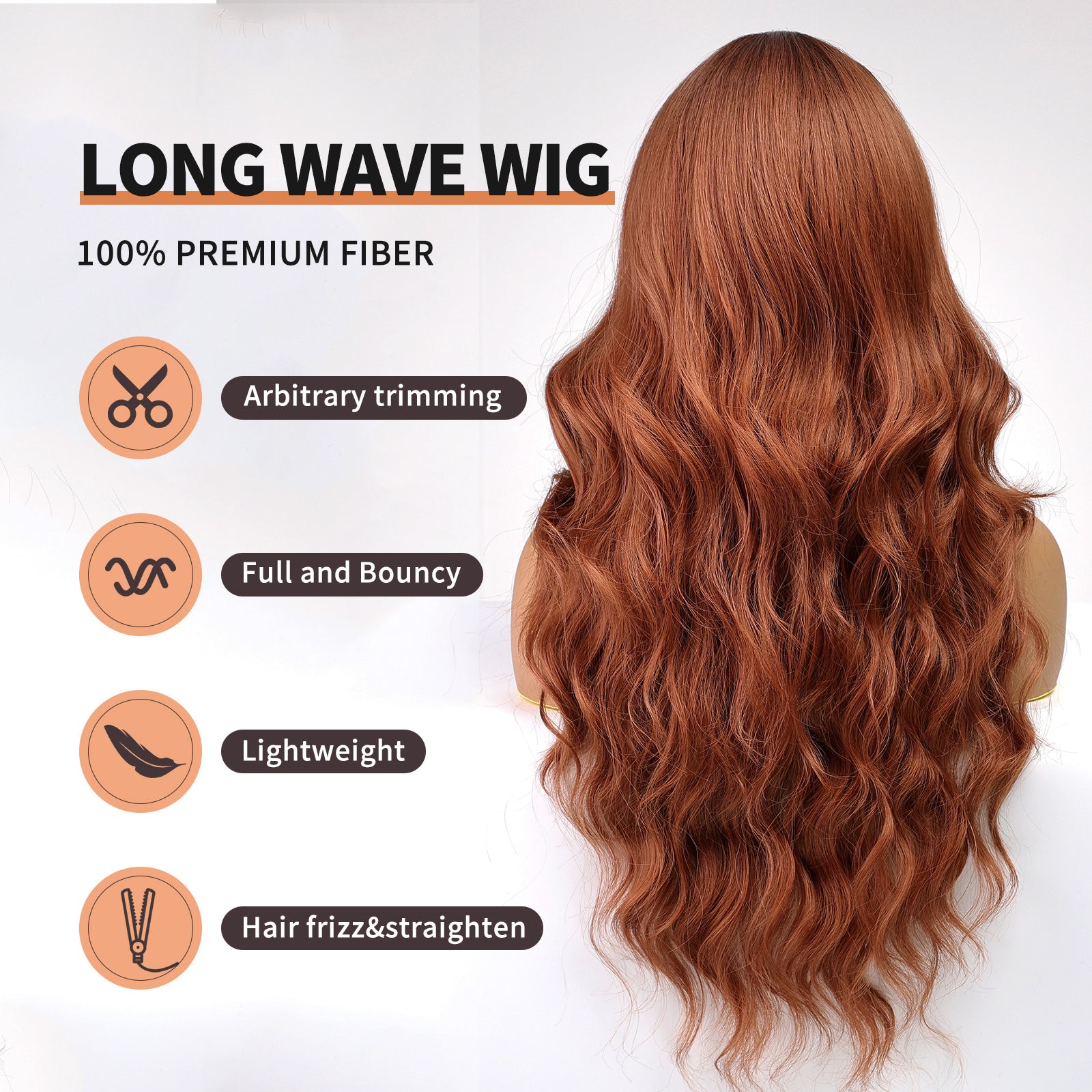 KOME Orange Wig,Long Copper Wavy Wig for Women,Lace Front Middle Part Curly Wavy Wig,Natural Looking Synthetic Heat Resistant Fiber Wig for Daily Party Use 26IN