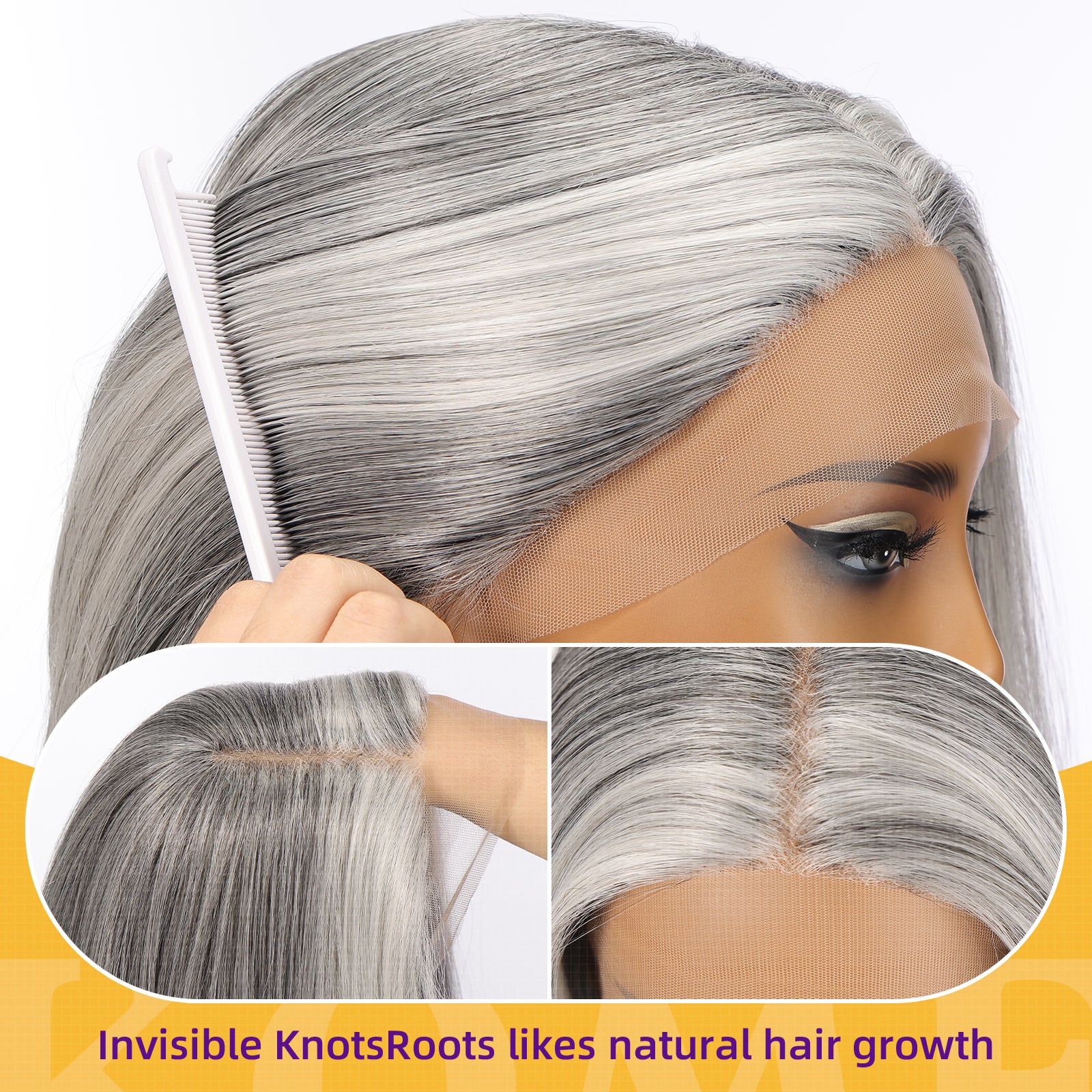 KOME Grey Synthetic Lace Front Wig,T Part Pre Cut Glueless Long Straight Layered Wigs for Women Cosplay Daily Use 26IN(#2/606HL)