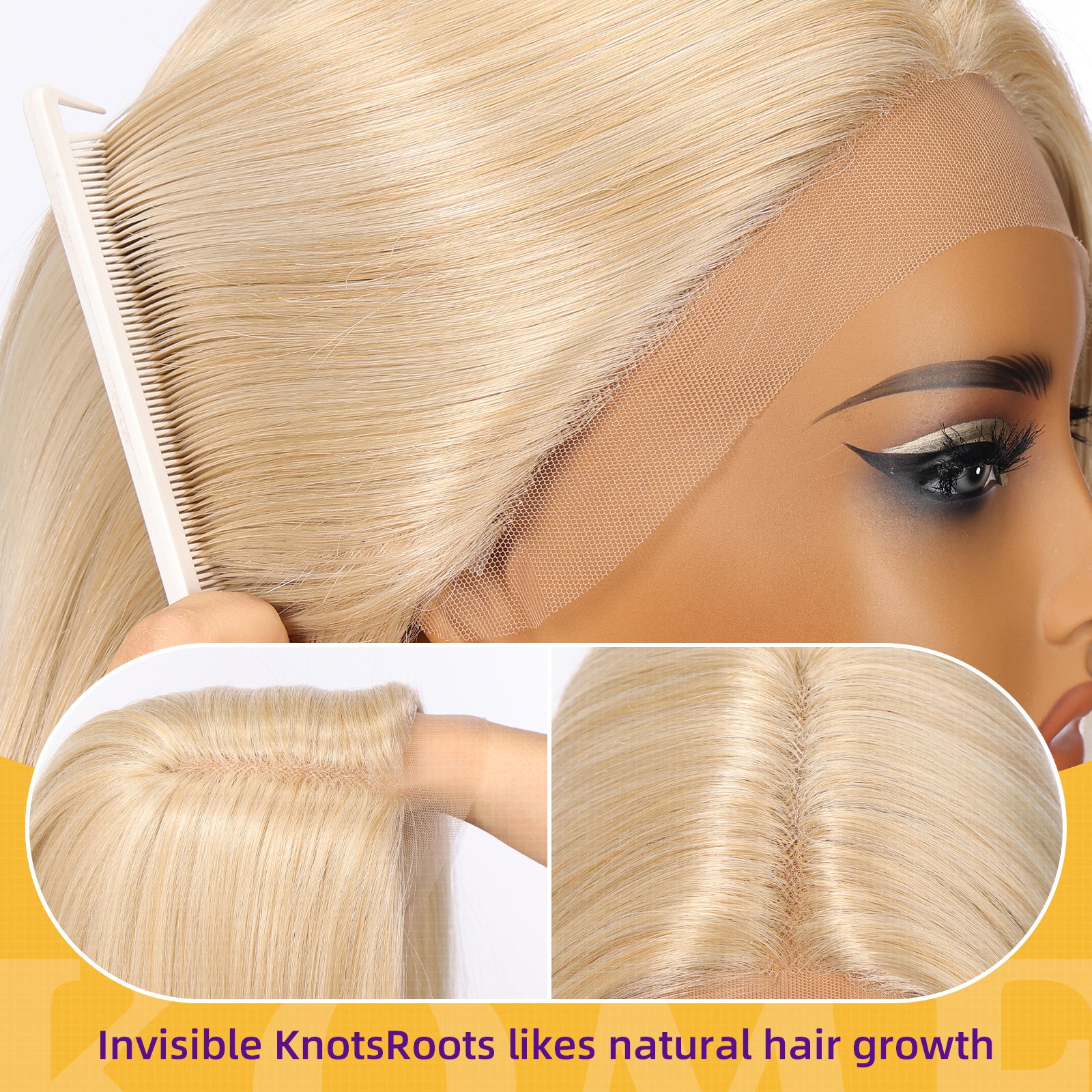 KOME Blonde Synthetic Lace Front Wig,T Part Pre Cut Glueless Long Straight Layered Wigs for Women Cosplay Daily Use 26IN(#R10119)