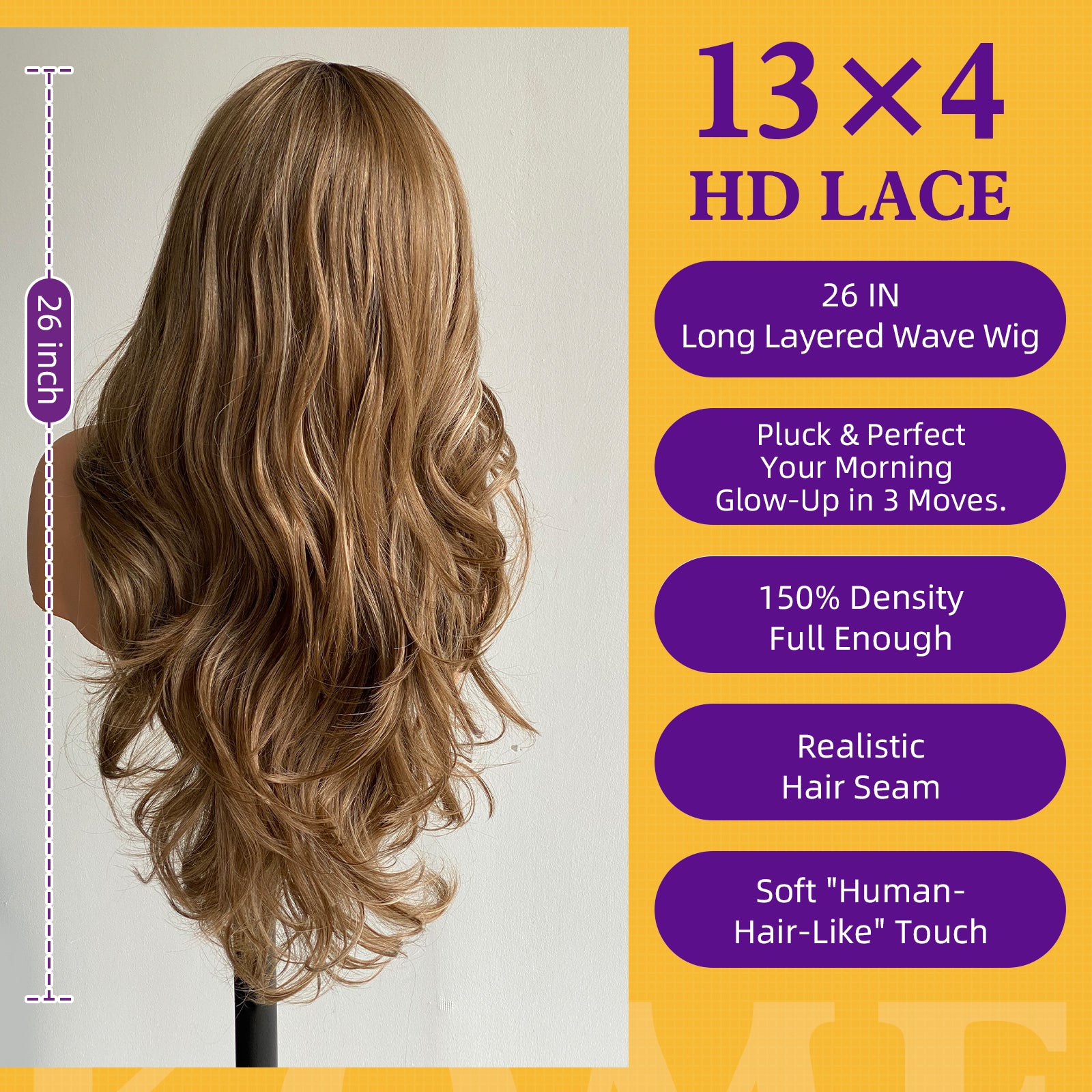 KOME Balayage Brown Highlight Synthetic Lace Front Wig,13x4 HD Lace Glueless Layered Brown Bouncy Blowouts Old Money Styler Wigs for Women Daily Use 26IN（#TT6/166）