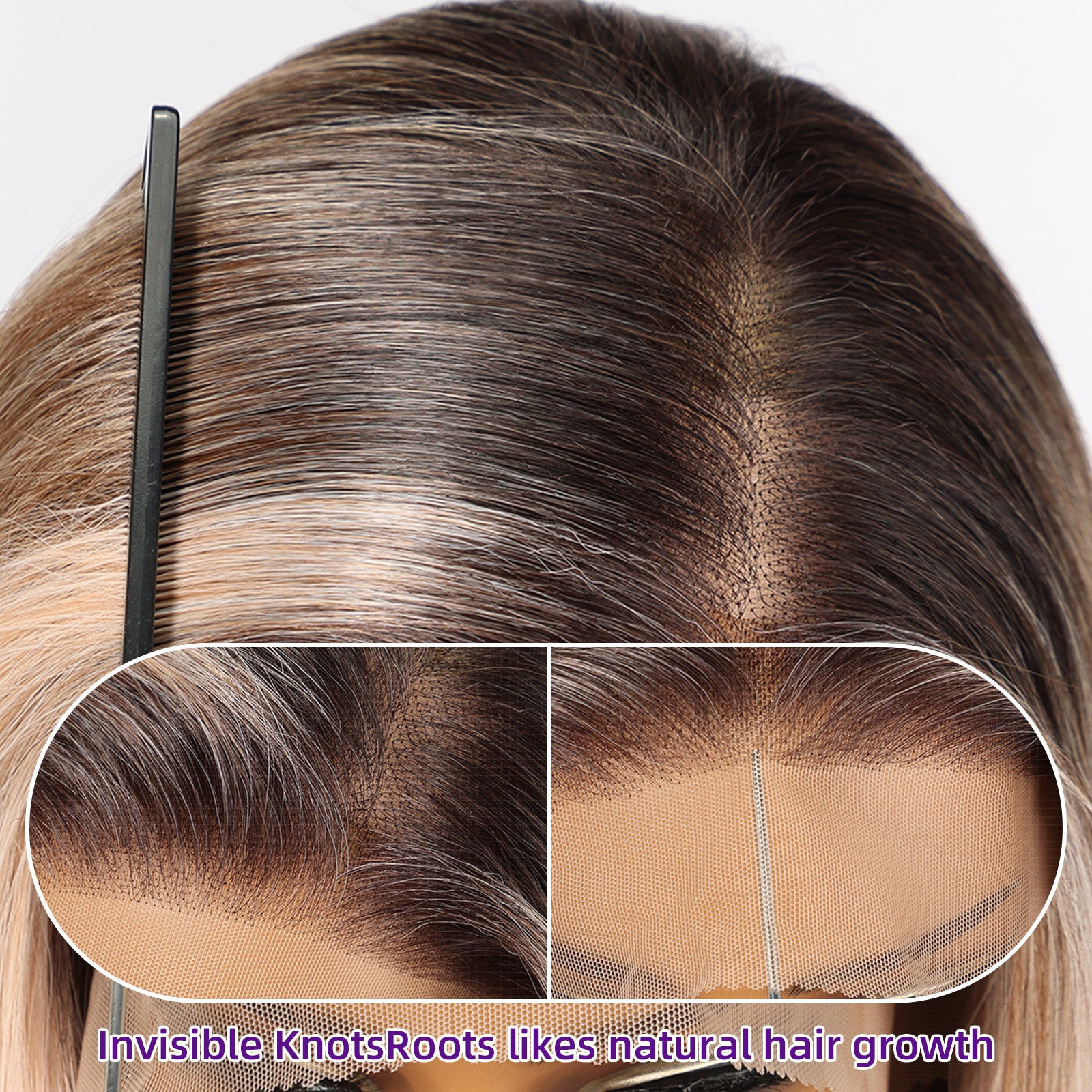 KOME Ombre Blonde Synthetic Lace Front Wig, Shoulder Length 13x6 HD Lace Layered Straight Glueless Wigs for Women Daily Use 16IN