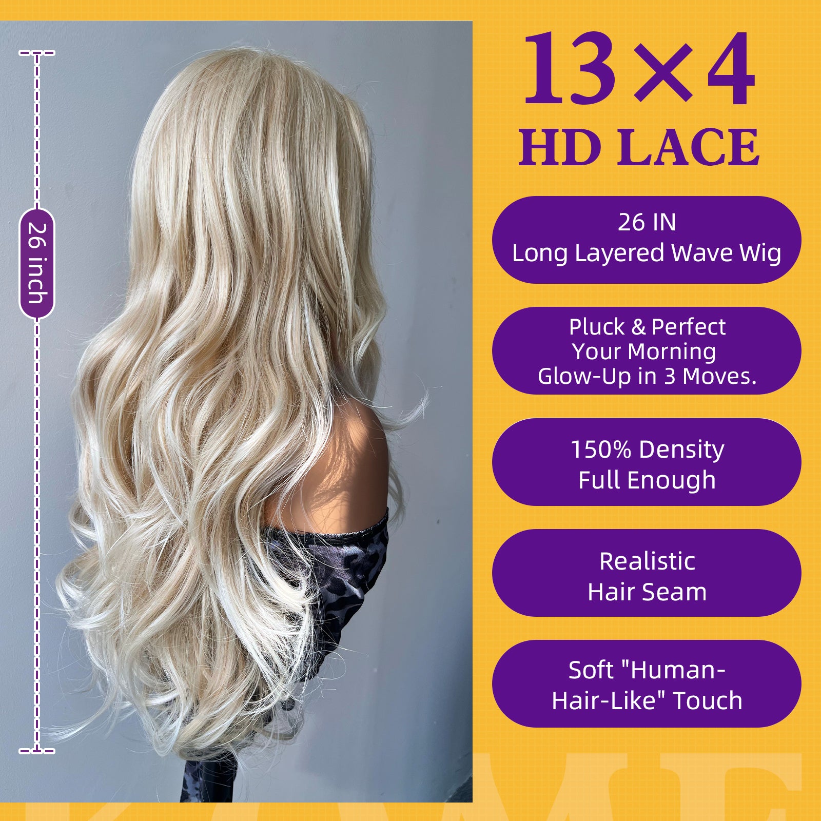 KOME Lumi Blonde Synthetic Lace Front Wig,13x4 HD Lace Glueless Layered Blonde Bouncy Blowouts Wigs for Women Daily Use 26IN（#R10119）