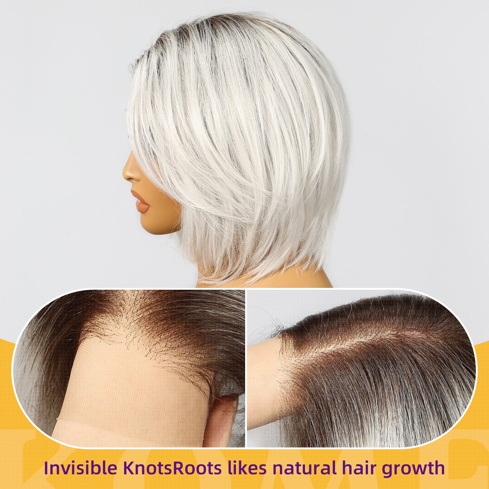 KOME Ombre Platinum Blonde Synthetic Lace Front Wig,Side Part Short Straight Glueless Bob Wig for White Women Daily Use 10IN (#TT6/1001GS)