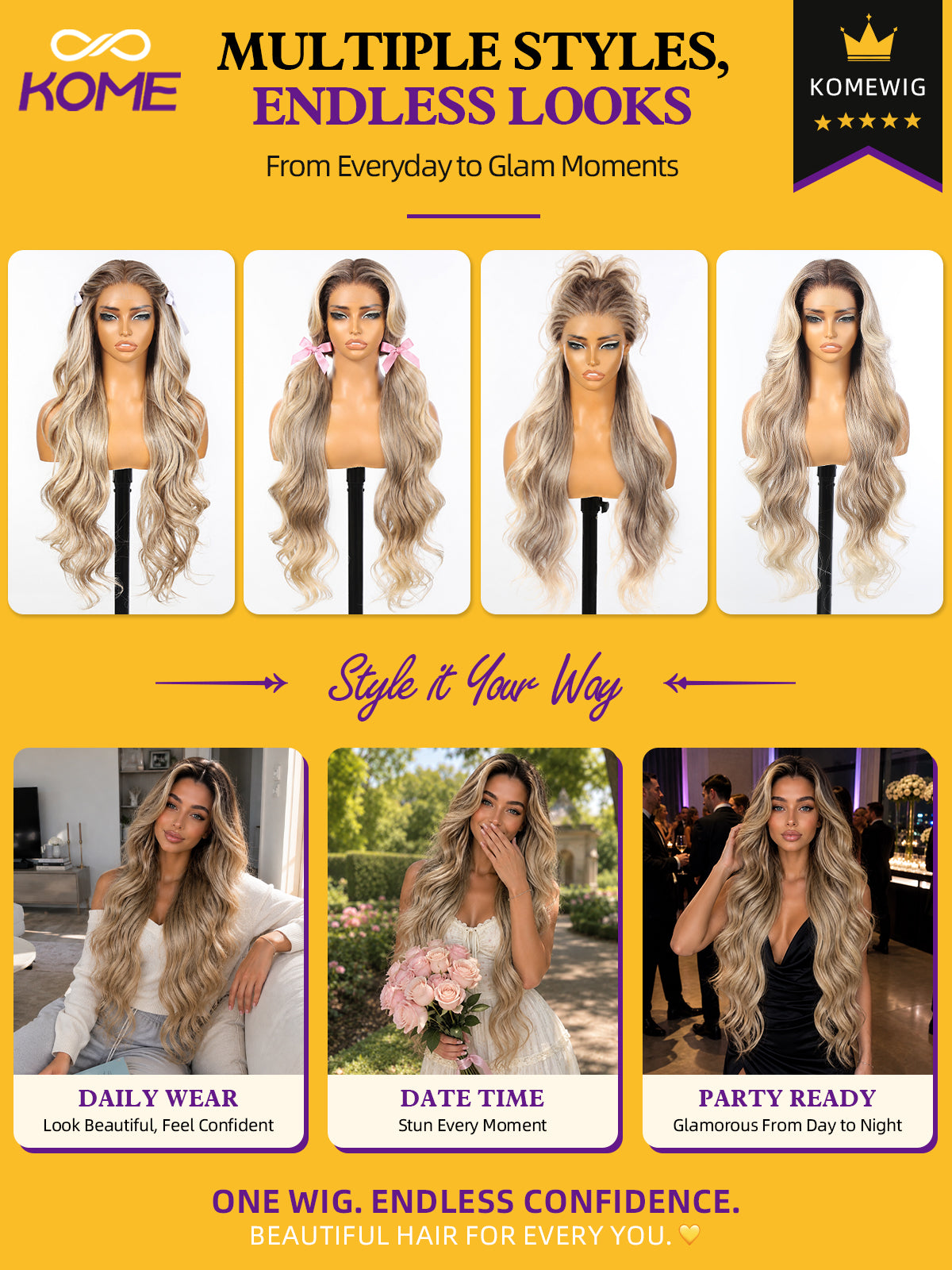 KOME Ombre Ash Blonde Synthetic Lace Front Wig,13x4 HD Lace Glueless Long Body Wavy Curly Wigs for Women Daily Party Use 30IN(#TT4/T2713)