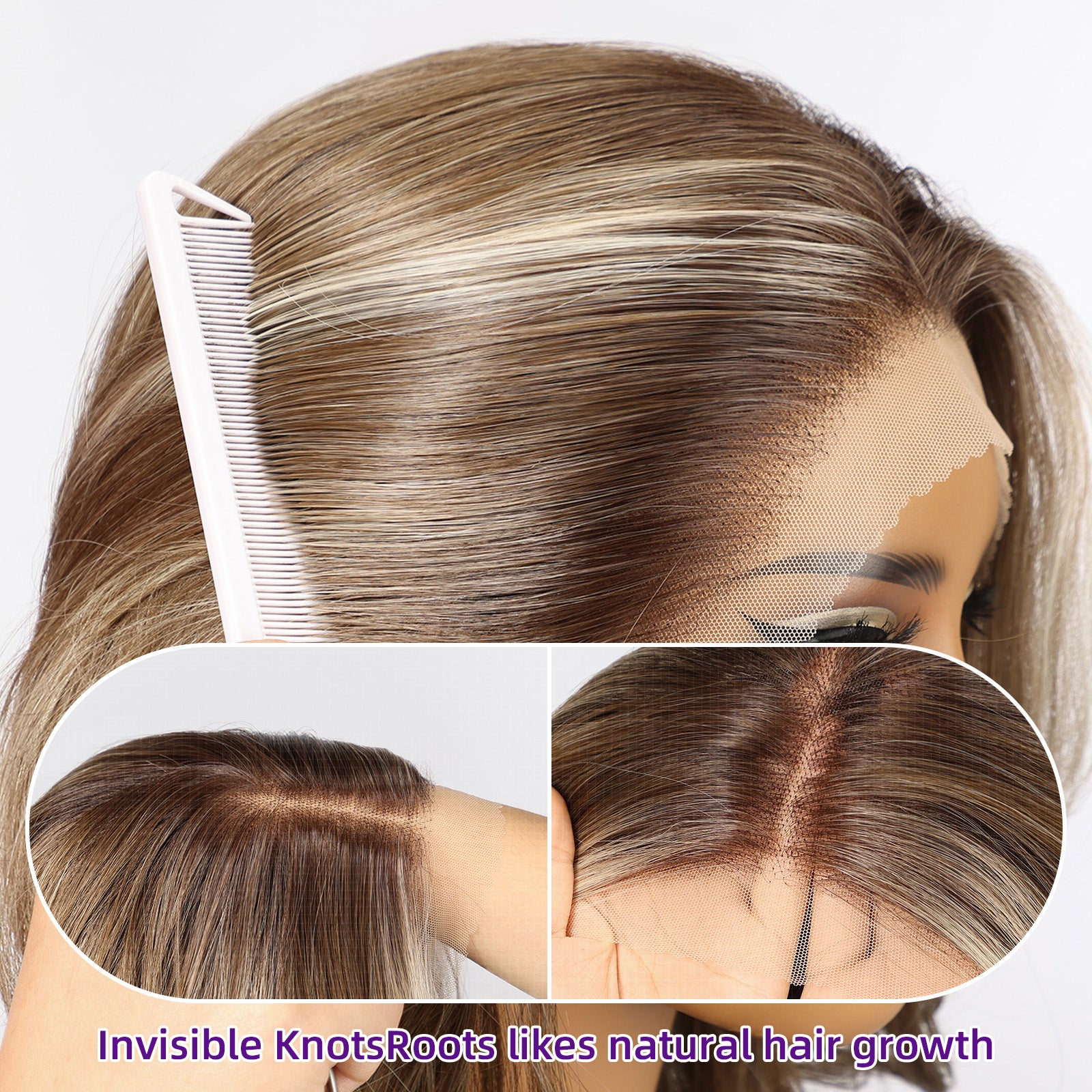 KOME Ash Brown Highlight Synthetic Lace Front Wig,13x4 HD Lace Layered Wave Glueless Wigs for Women Daily Use 26IN