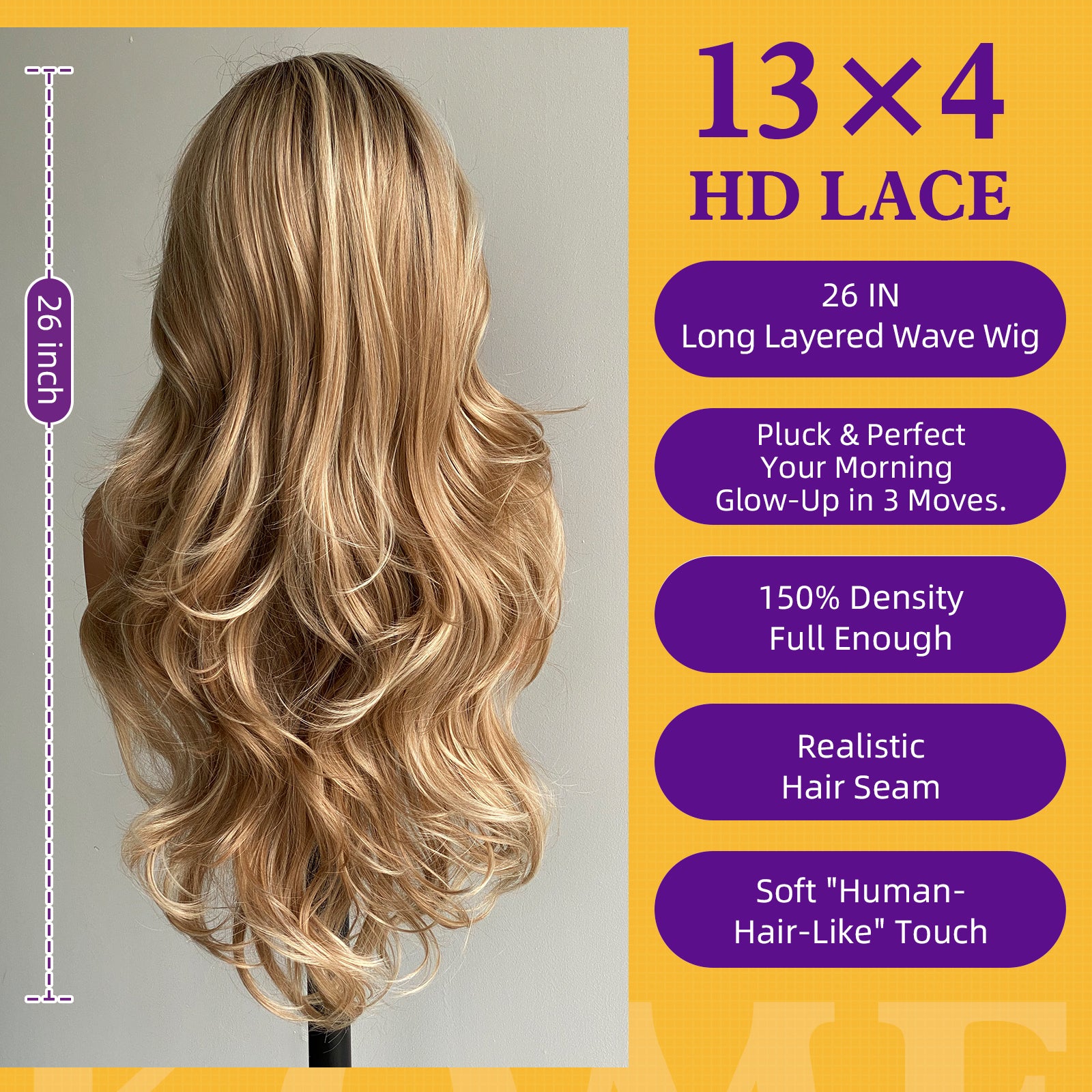 KOME Dirty Blonde Synthetic Lace Front Wig,13x4 HD Lace Glueless Layered Bouncy Blowouts Wigs with Dark Roots for Women Daily Use 26IN（#TT6/1603）