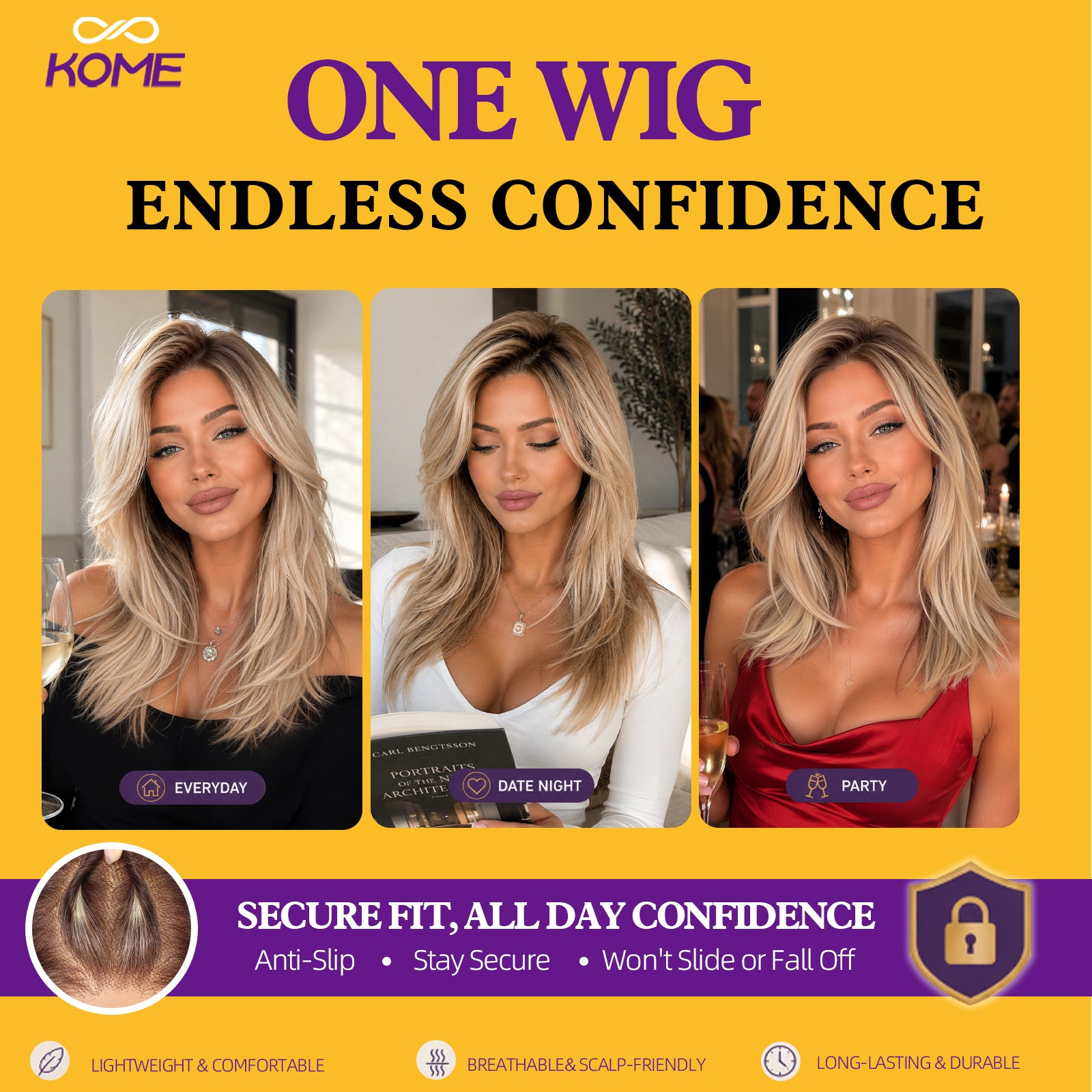 KOME Ombre Blonde Synthetic Lace Front Wig, 13X4 HD Lace Glueless Long Layered Straight Wigs for Women Daily Use 20IN （#TT6/1603）