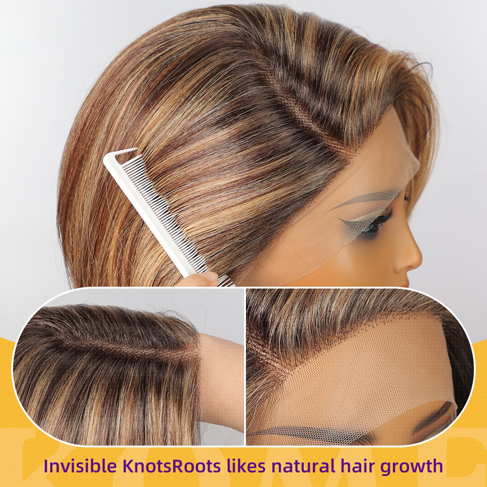 KOME Brown mix Blonde Highlight Synthetic Lace Front Wig,Side Part Short Straight Glueless Bob Wig for White Women Daily Use 10IN (#TT4/243)