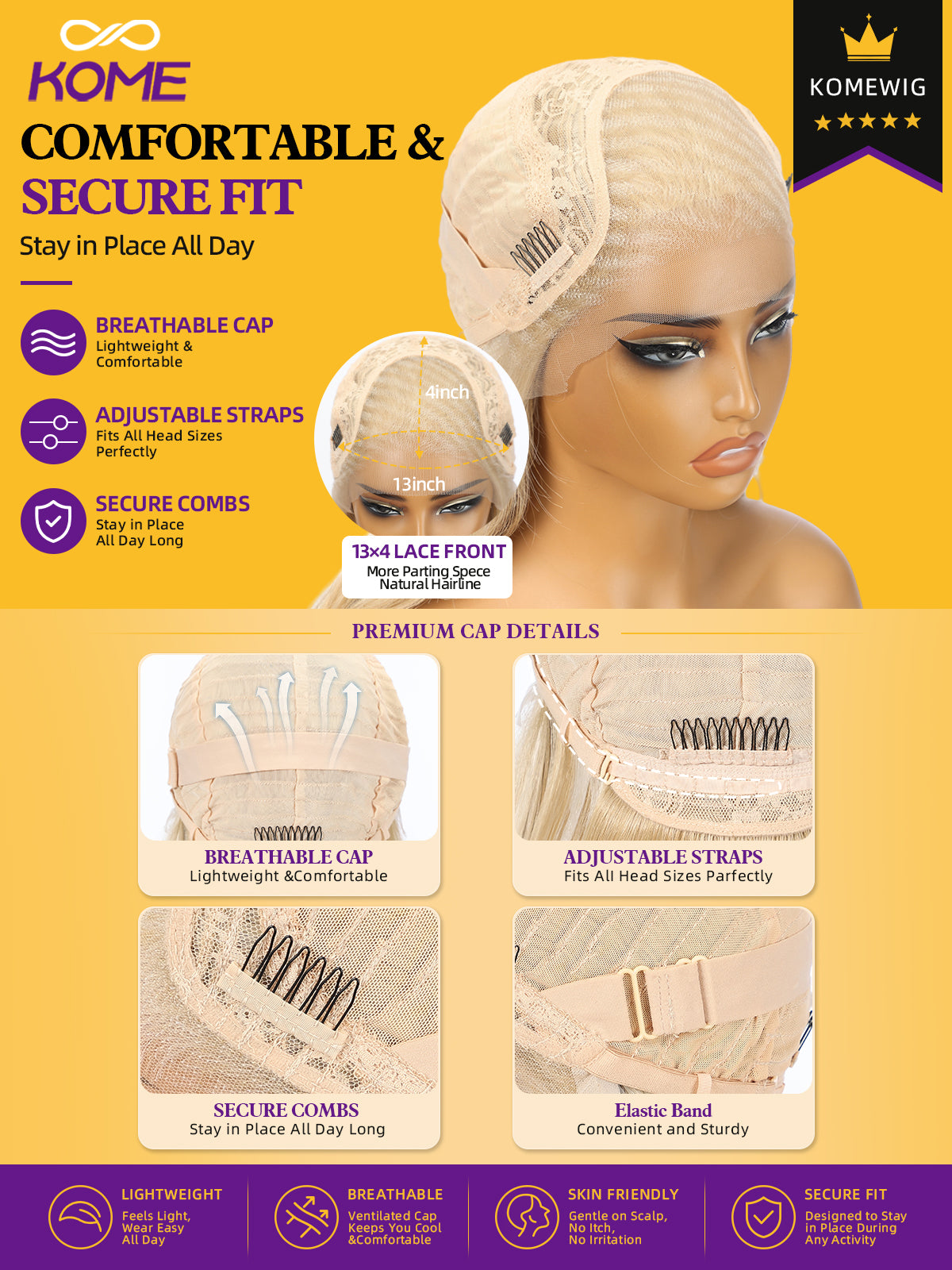 KOME Ombre Blonde Synthetic Lace Front Wig,13x4 HD Lace Glueless Long Body Wavy Curly Wigs for Women Daily Party Use 30IN(#K16B88)