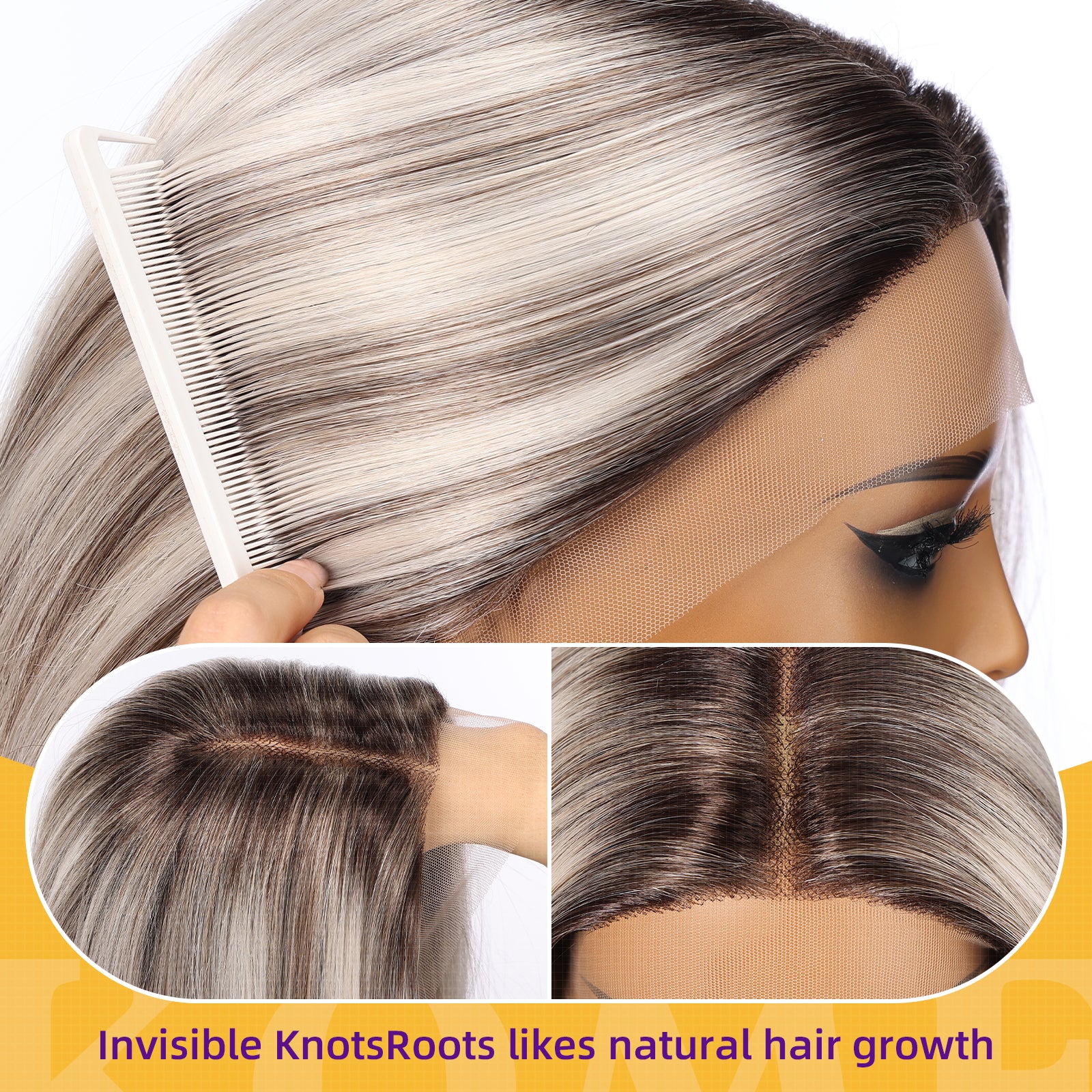 KOME Platinum Blonde Synthetic Lace Front Wig,T Part Pre Cut Glueless Long Straight Layered Wigs for Women Cosplay Daily Use 26IN(#TT6/4603)