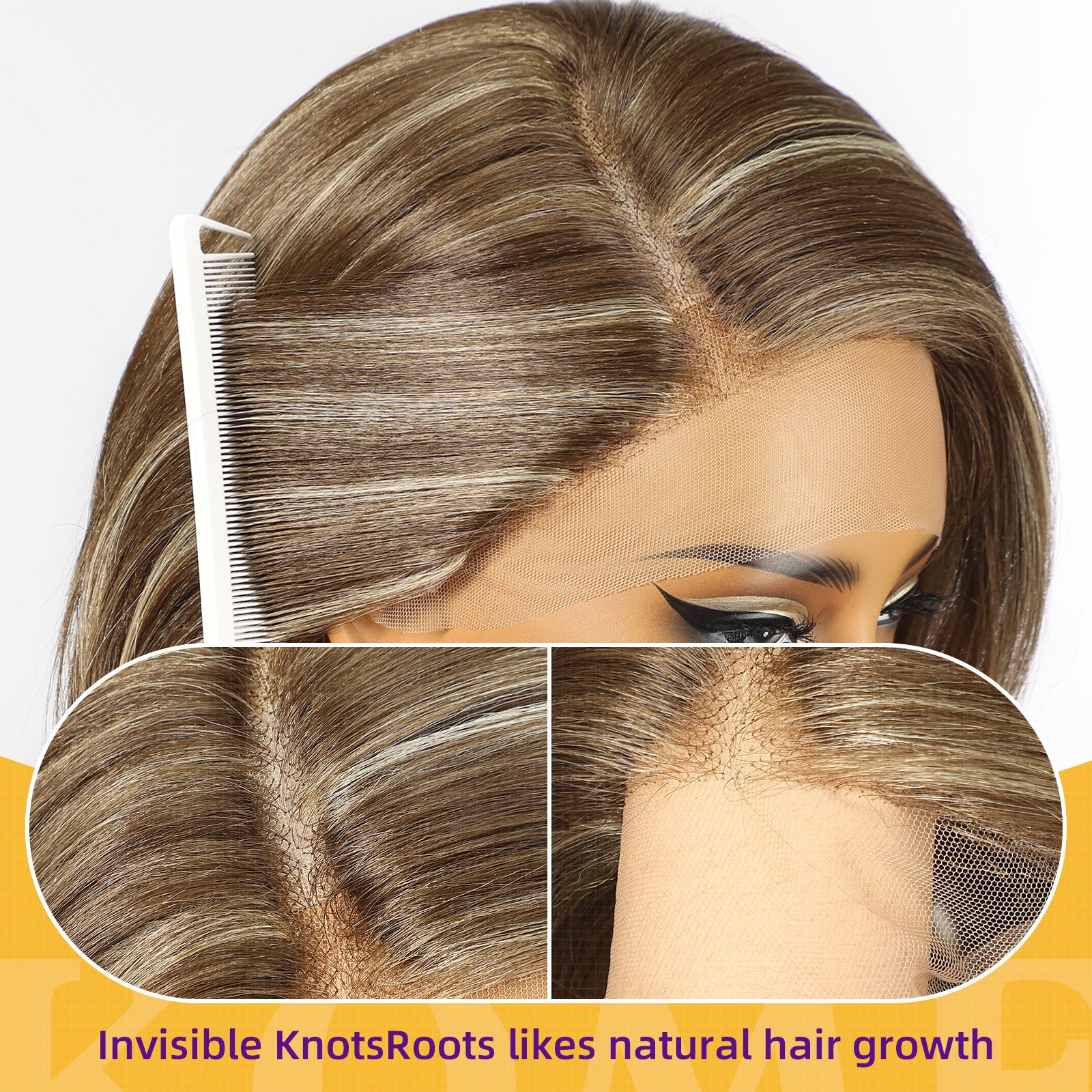 KOME Brown mix Blonde Synthetic Lace Front Wig,Side Part Short Layered Straight Glueless Bob Wig for White Women Daily Use 10IN (#F8/27/88)