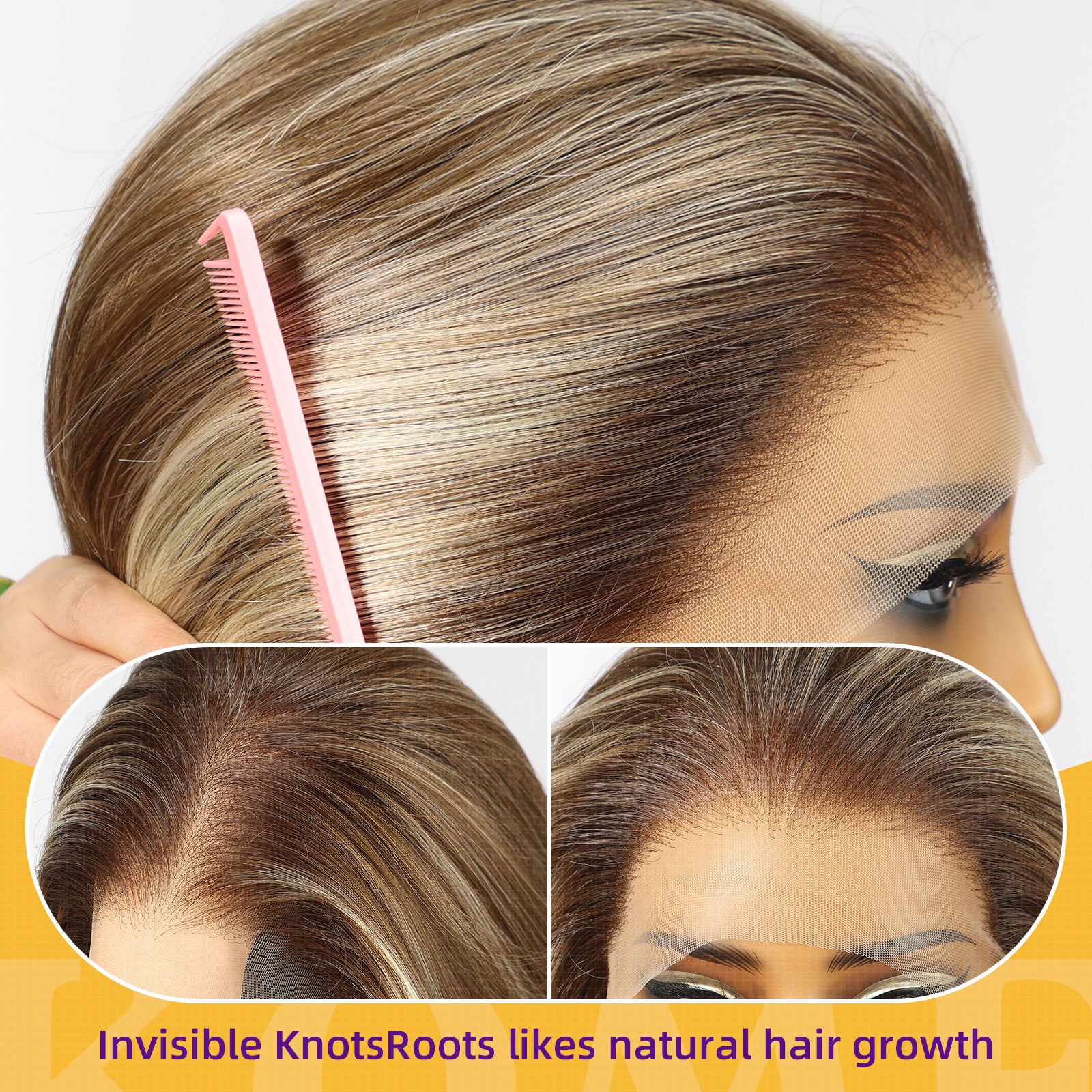 KOME Ash Blonde Highlight Synthetic Lace Front Wig,13×6 HD Short Straight Glueless Bob Wig for White Women Daily Use 12IN（#TT6/166）