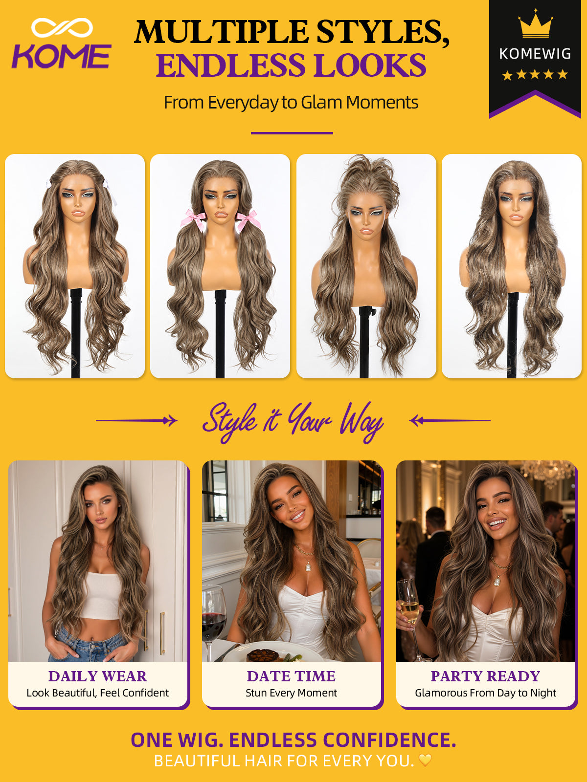 KOME Ash Brown Synthetic Lace Front Wig,13x4 HD Lace Glueless Long Body Wavy Curly Wigs for Women Daily Party Use 30IN(#TT6/1603)
