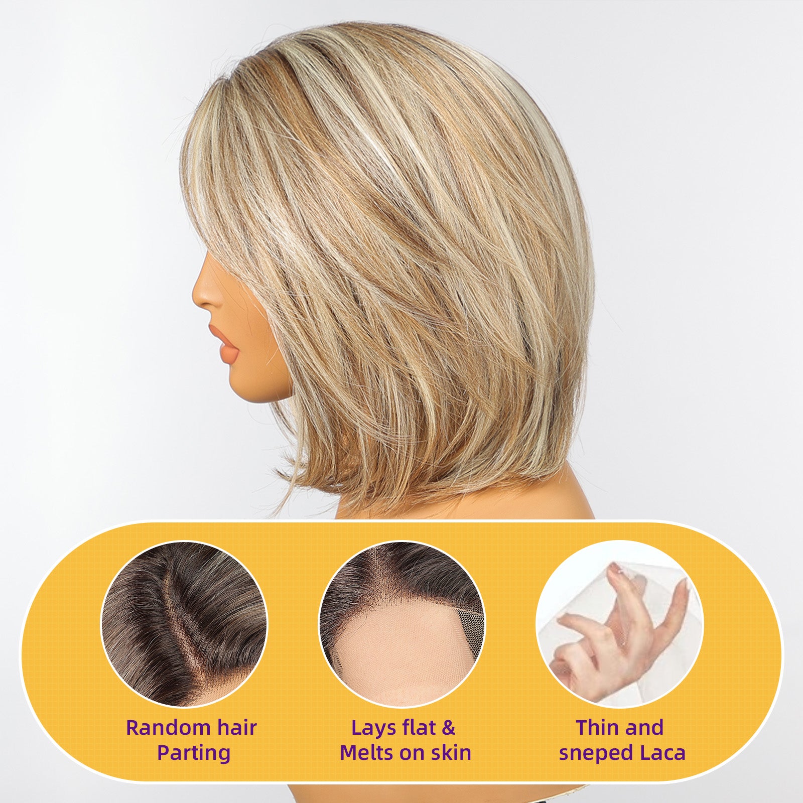 KOME Ash Blonde Synthetic Lace Front Wig,Side Part Short Straight Glueless Bob Wig for White Women Daily Use 12IN (#TT891A)