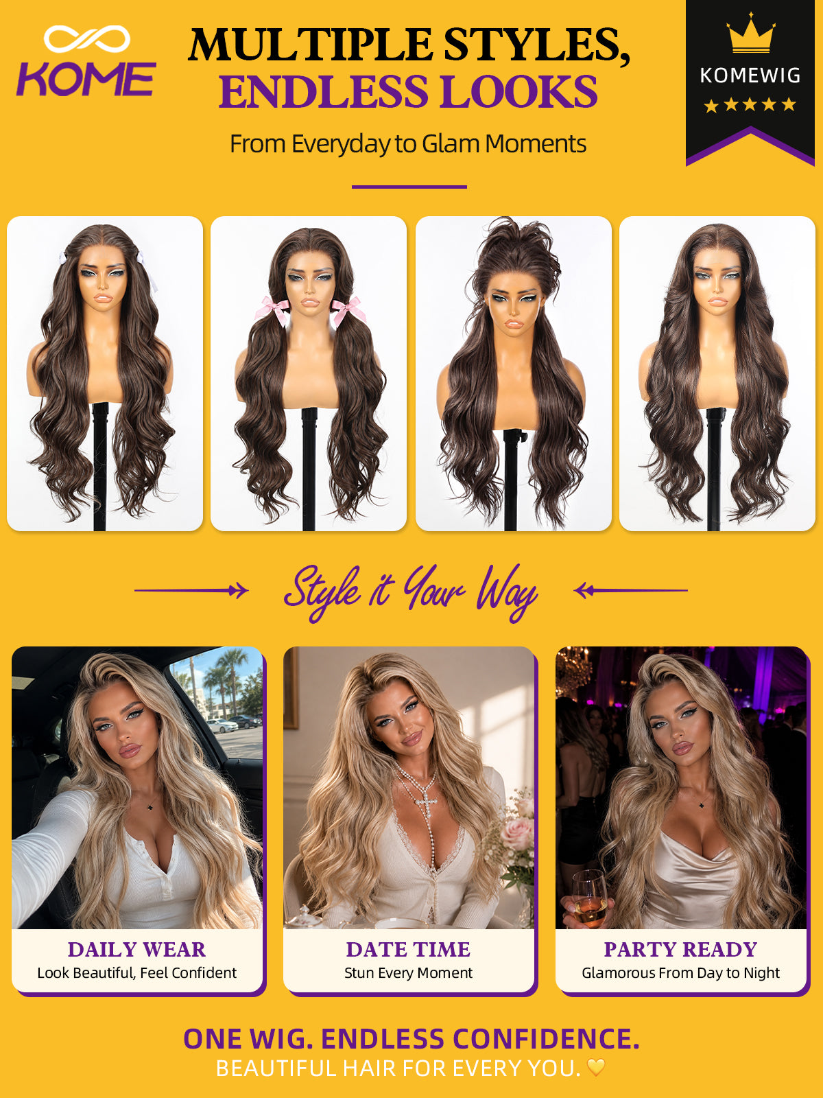 KOME Dark Brown Synthetic Lace Front Wig,13x4 HD Lace Glueless Long Body Wavy Curly Wigs for Women Daily Party Use 30IN(#TT33/130B)