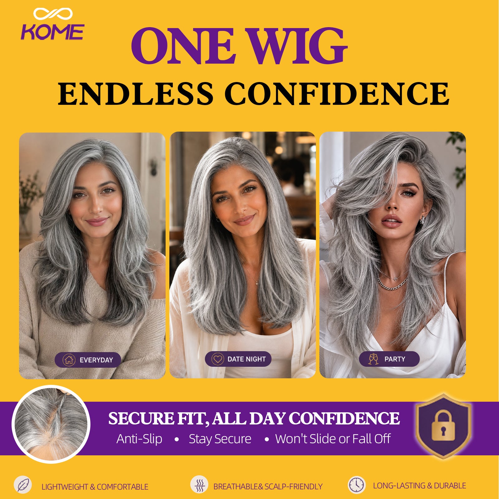 KOME Grey Synthetic Lace Front Wig, 13X4 HD Lace Glueless Long Layered Straight Wigs for Women Daily Use 20IN （#2/60HL）