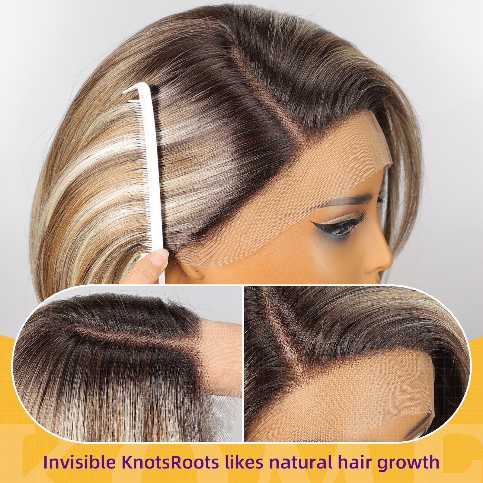 KOME Ash Blonde Synthetic Lace Front Wig,Side Part Short Straight Glueless Bob Wig for White Women Daily Use 12IN (#TT891A)